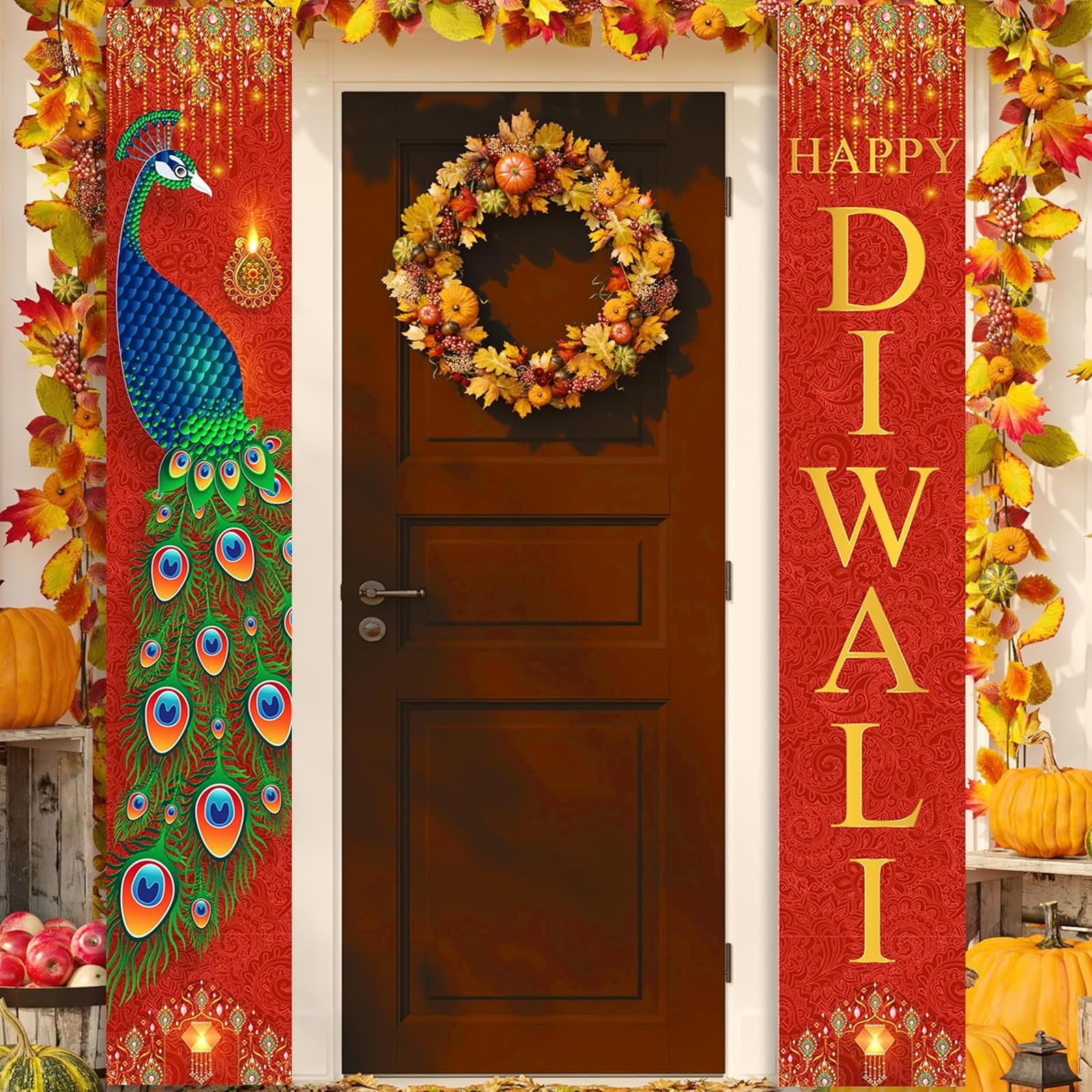 Qylazune Red, Gold Diwali Decorations For House Welcome Banner Decor Happy Diwali Sign Peacock And Oil Lamp Paired With Golden On A Red Background Adding A Festive And Indian Touch To Your Celebrations Banners