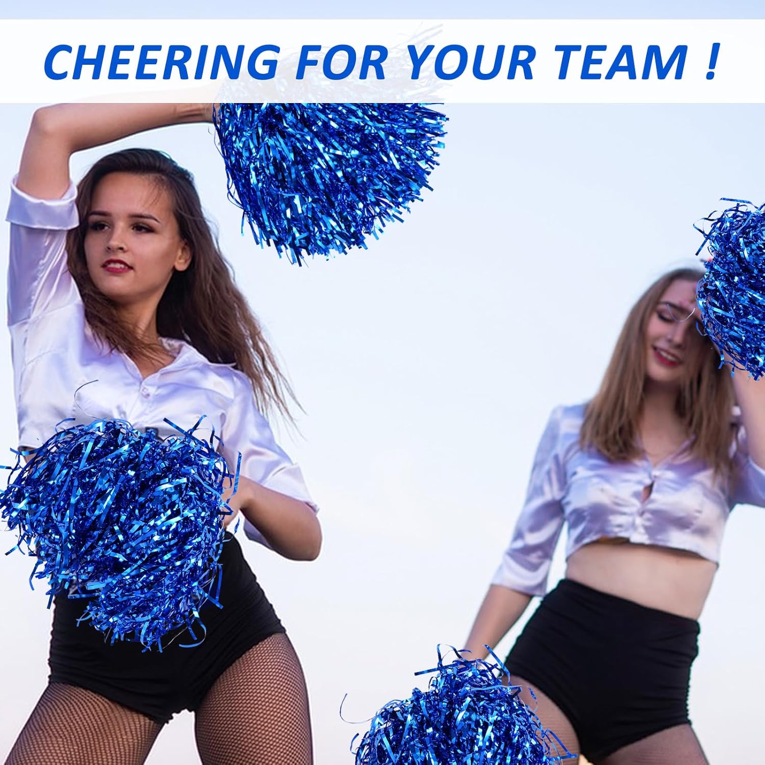 100PCS Metallic Cheerleader Pom Poms with Baton Handle for Game Sports Squads Dance Party Football Basketball