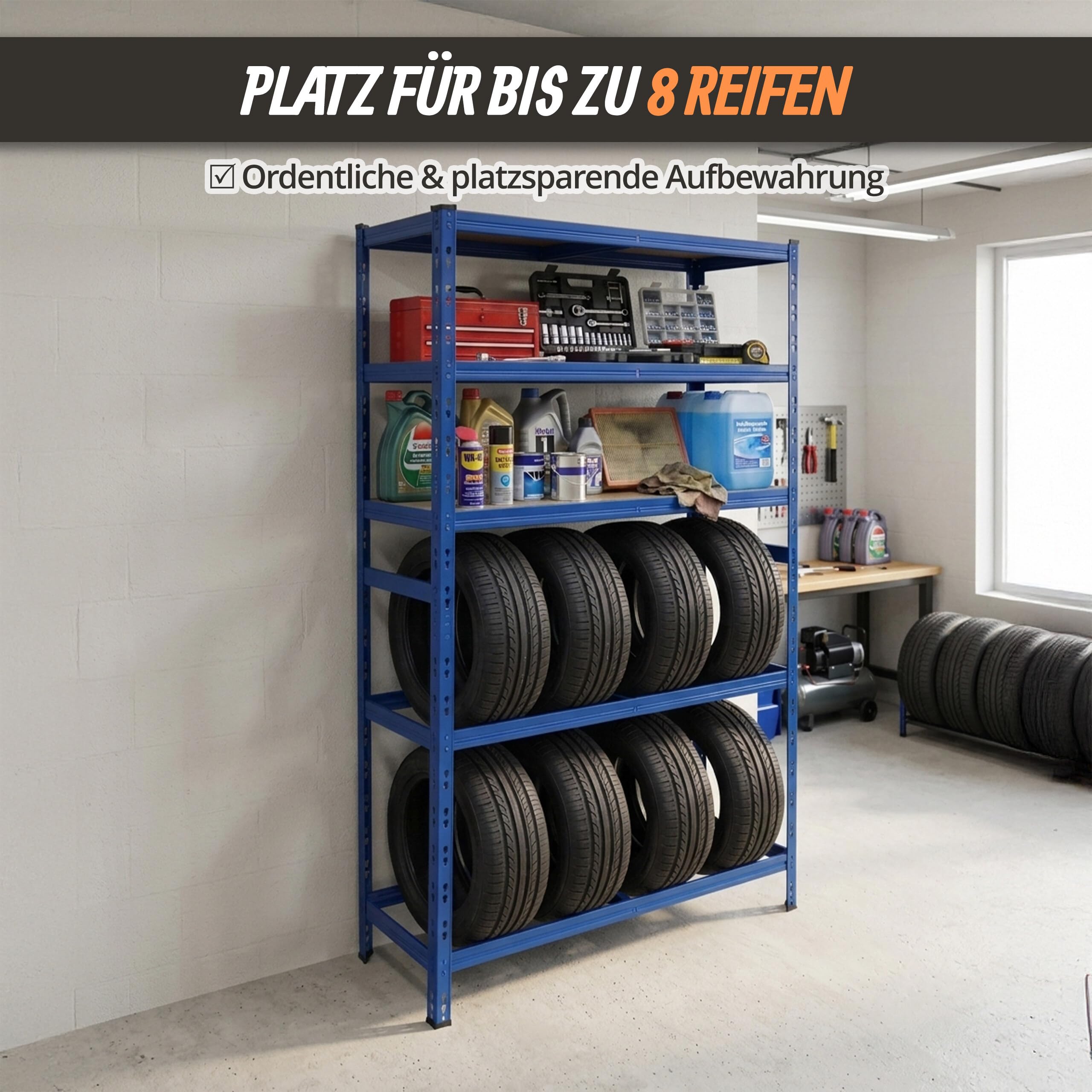 Relaxdays Reifenregal für 8 Reifen, HxBxT 210 x 110 x 40 cm, 750 kg, Stahl, Stecksystem, Reifenlager Werkstatt, blau