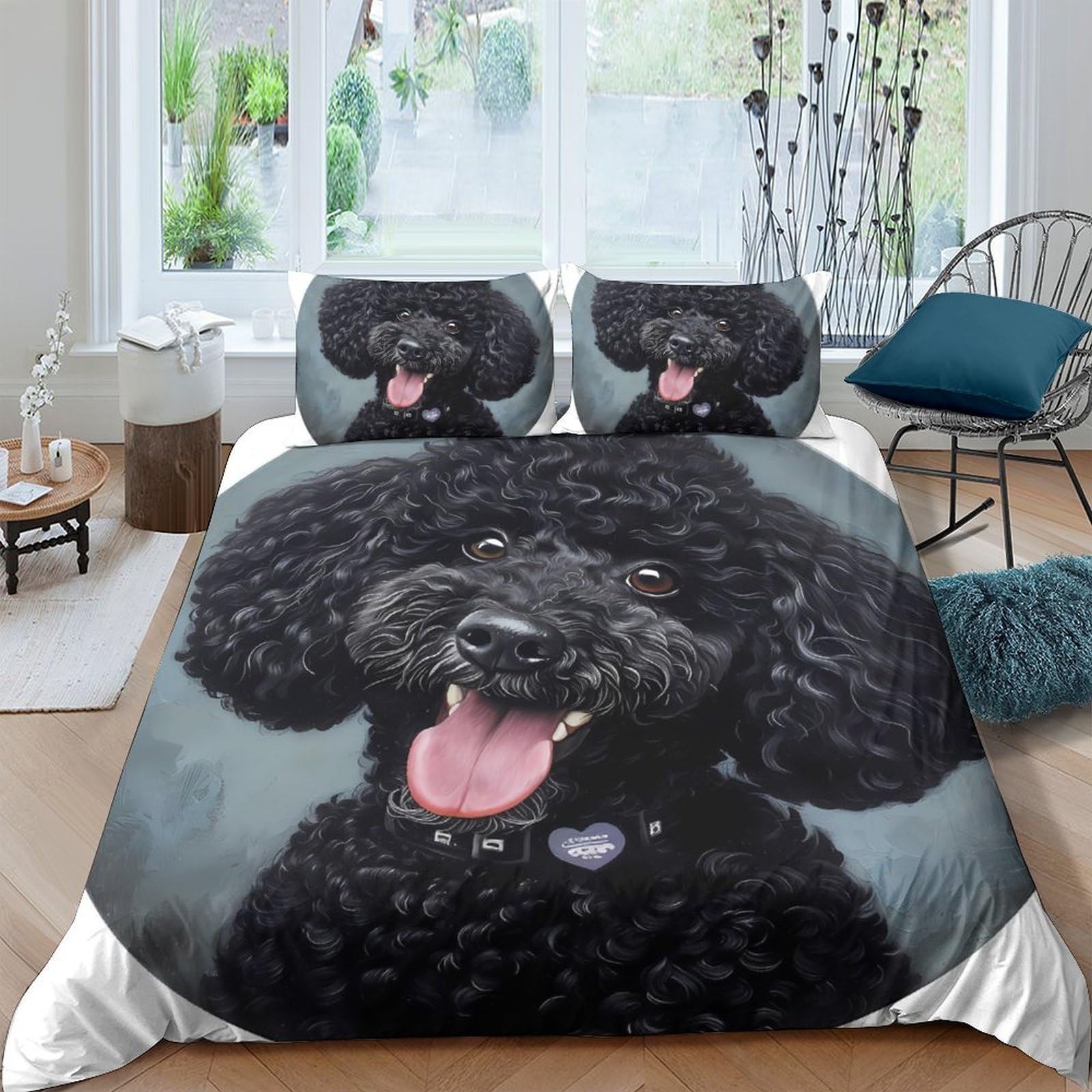 Ctjqhvkz Style-4 3D Printed Black Poodle Fitted Sheet Microfiber Soft Anti-Slip Dog Face Bed Cover For Bedroom Guest Room Mattress Decor Single（135X200cm）