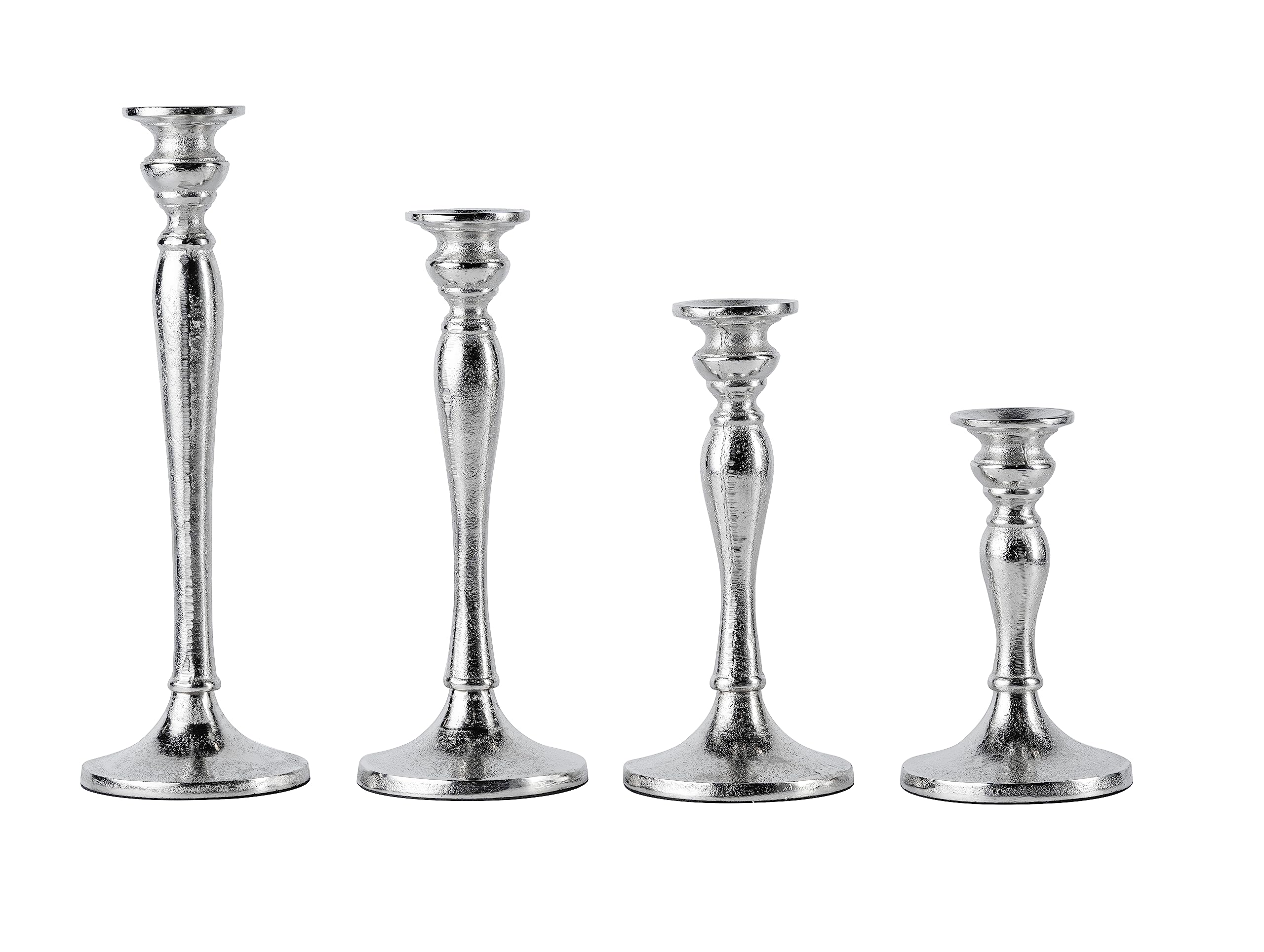 Zestaw 4 świeczników aluminiowych, srebrnych, dekoracyjnych, nowoczesnych, do świec prętowych, dekoracja stołu, dekoracja do salonu, wys. 16, 21, 26 i 30 cm