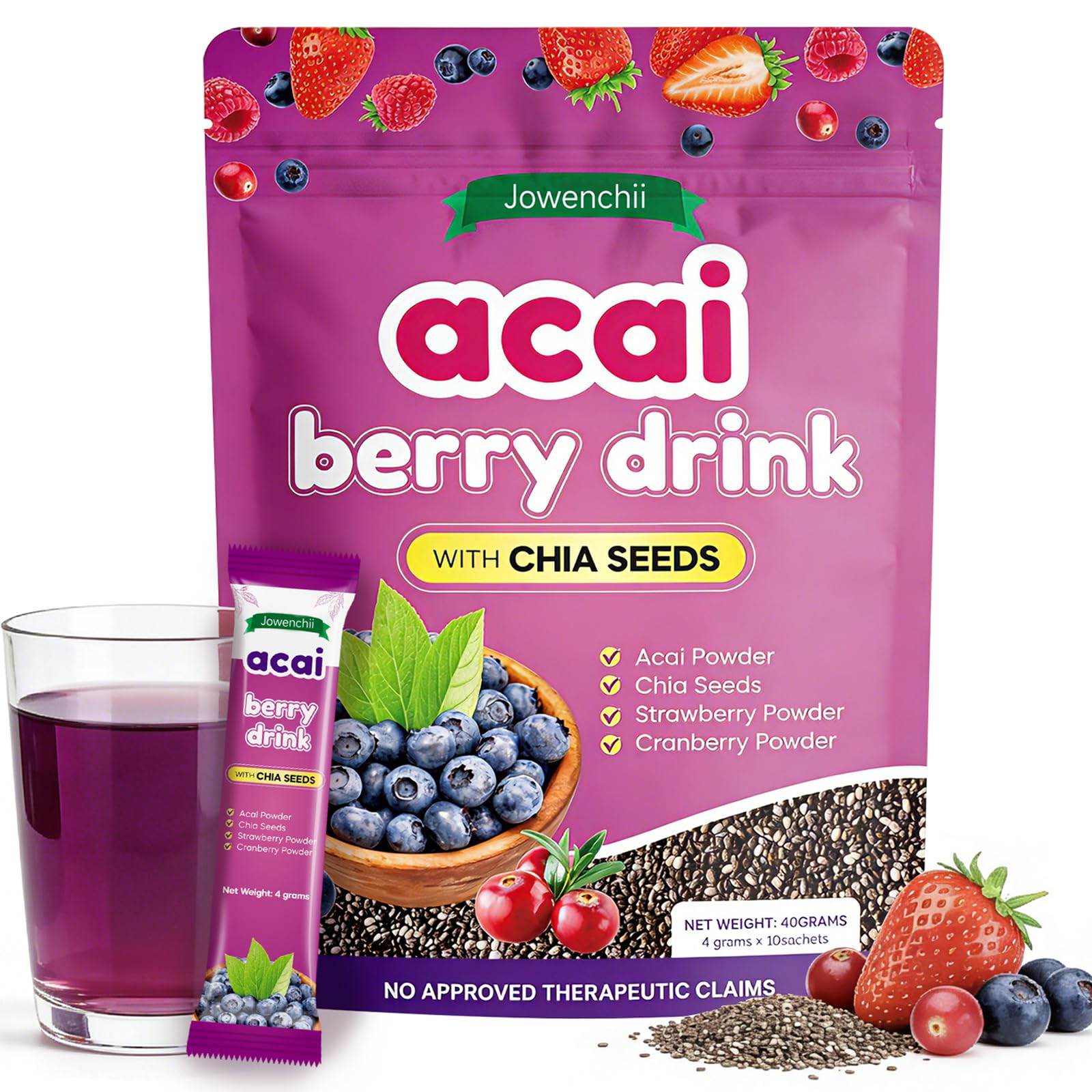 Grüne Entgiftungspulver, Grüner Pulver Helfer, Acai Berry Drink mit Chia-Samen–Reich an Antioxidantien, Vitamin C & Ballaststoffen–Natürliches Superfood-Pulver für Smoothies, Joghurt & Backen