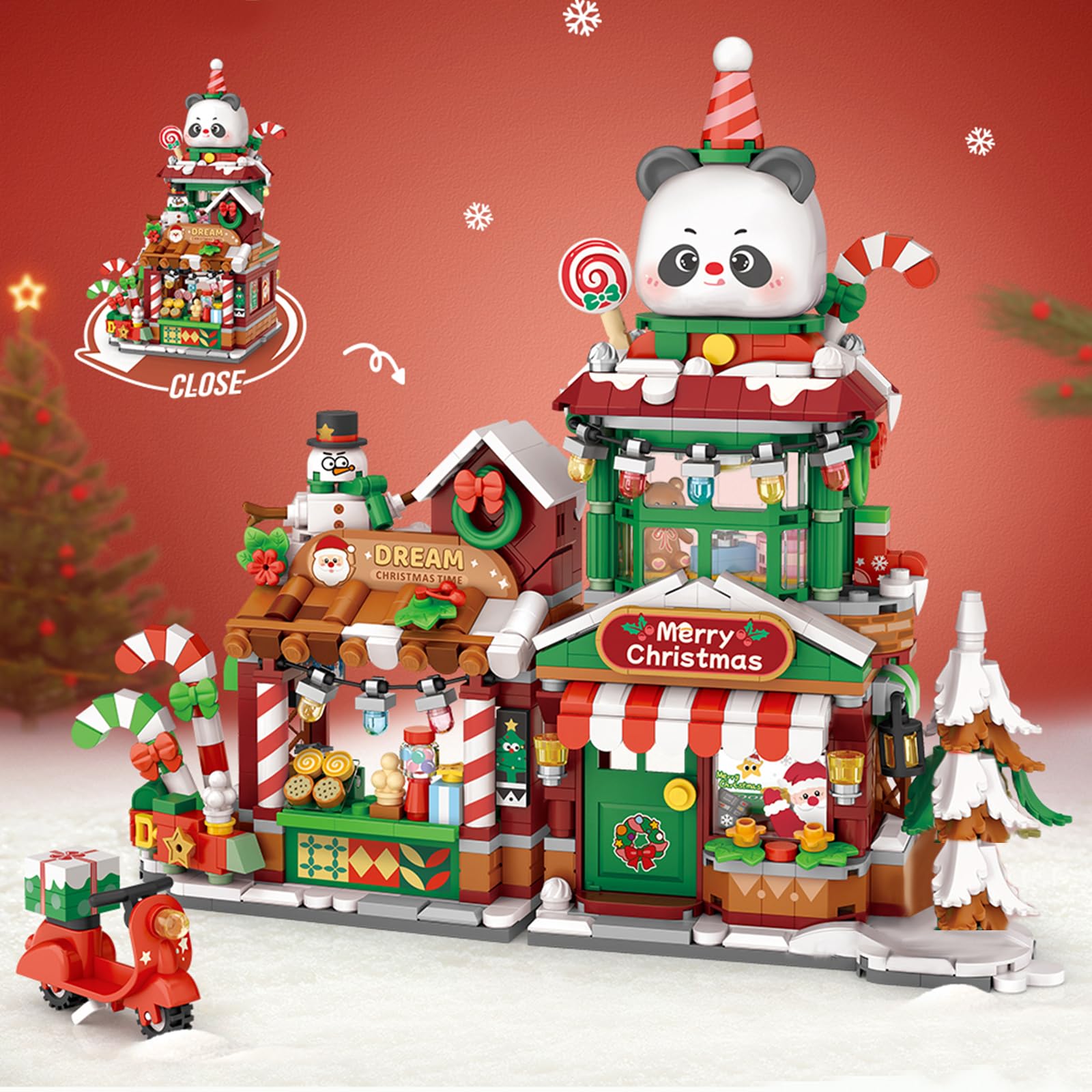 MEIEST Mini Christmas City shop Street View Building Blocks Set,Simulation Foldable Architecture Collection Construction Building Bricks Toy,Home Decor (Panda Christmas Shop)