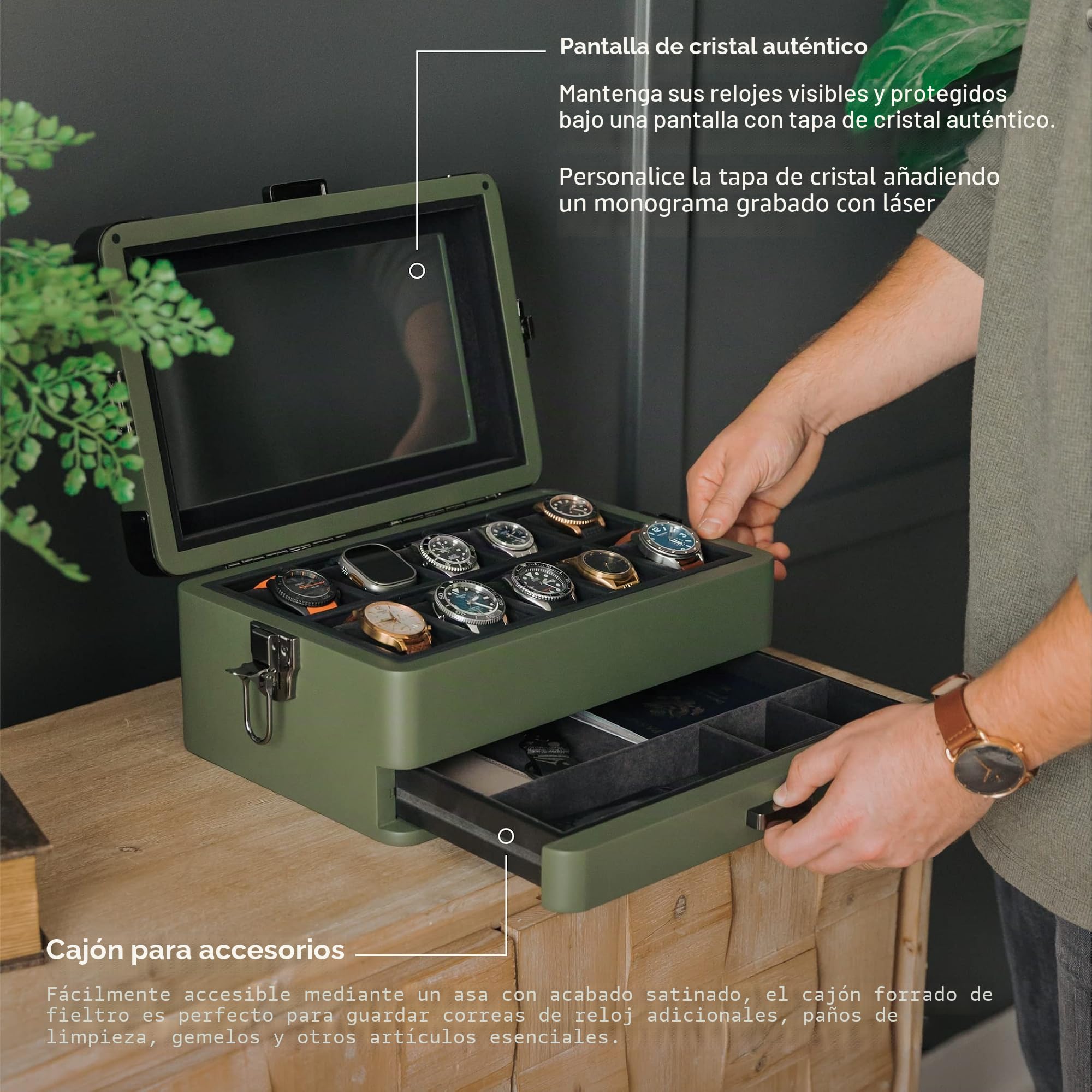 CASE ELEGANCE Caja organizadora militar para reloj con 10 ranuras para hombres, parte superior de cristal real, bandeja de valet modular, reloj Apple compatible con soporte para reloj Apple, verde