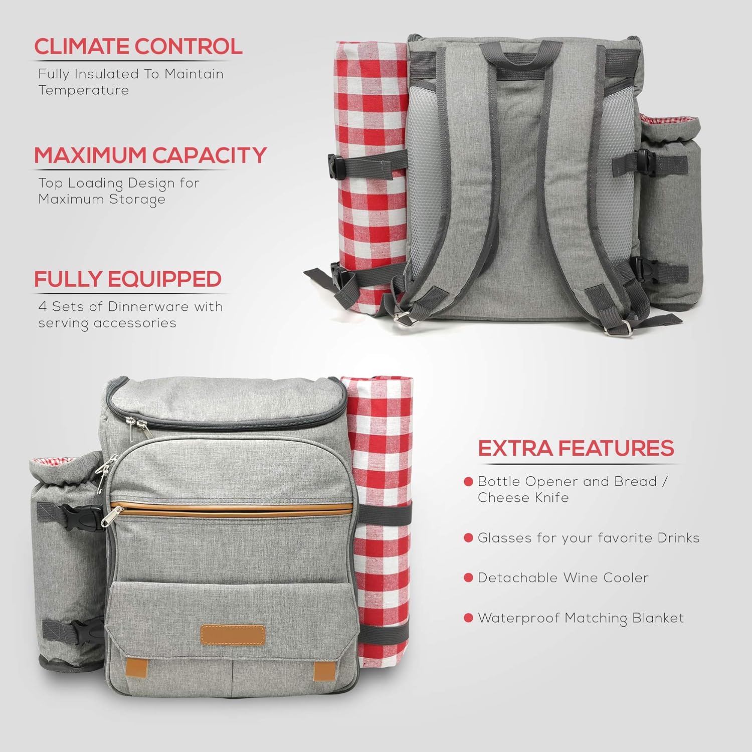 Nature Gear XL Picnic Backpack - Classic 4 Person Insulated Design - Waterproof Blanket and Full Cutlery Set Red : Patio, Lawn & Garden