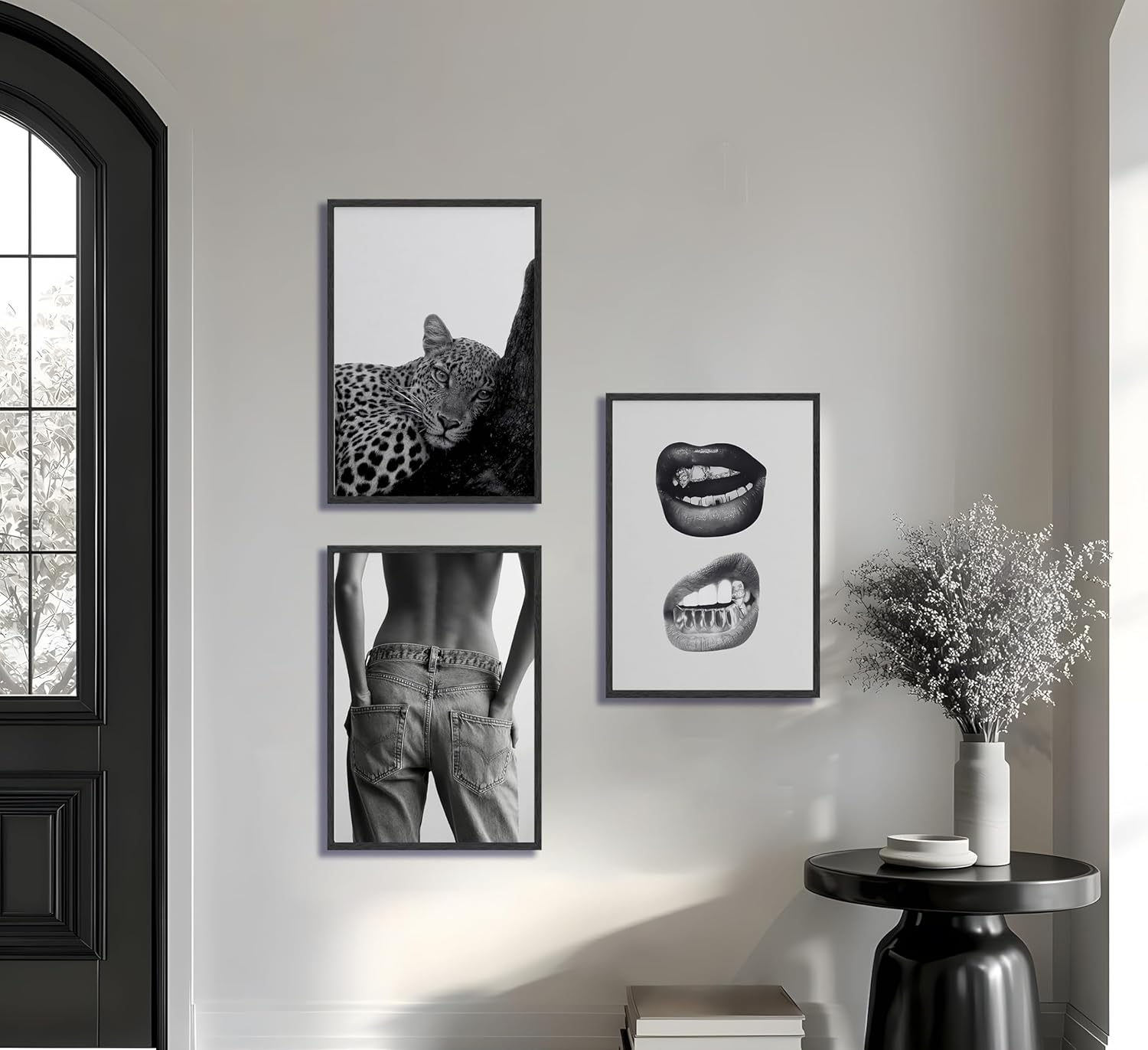 LNEASFLXX 3 Pcs Black and White Fashion Wall Art Leopard Cheetah Print Canvas Vintage Woman Back & Sexy Lips Prints Modern Trendy Aesthetic Wall Decor for Bedroom Living Room Apartment Unframed