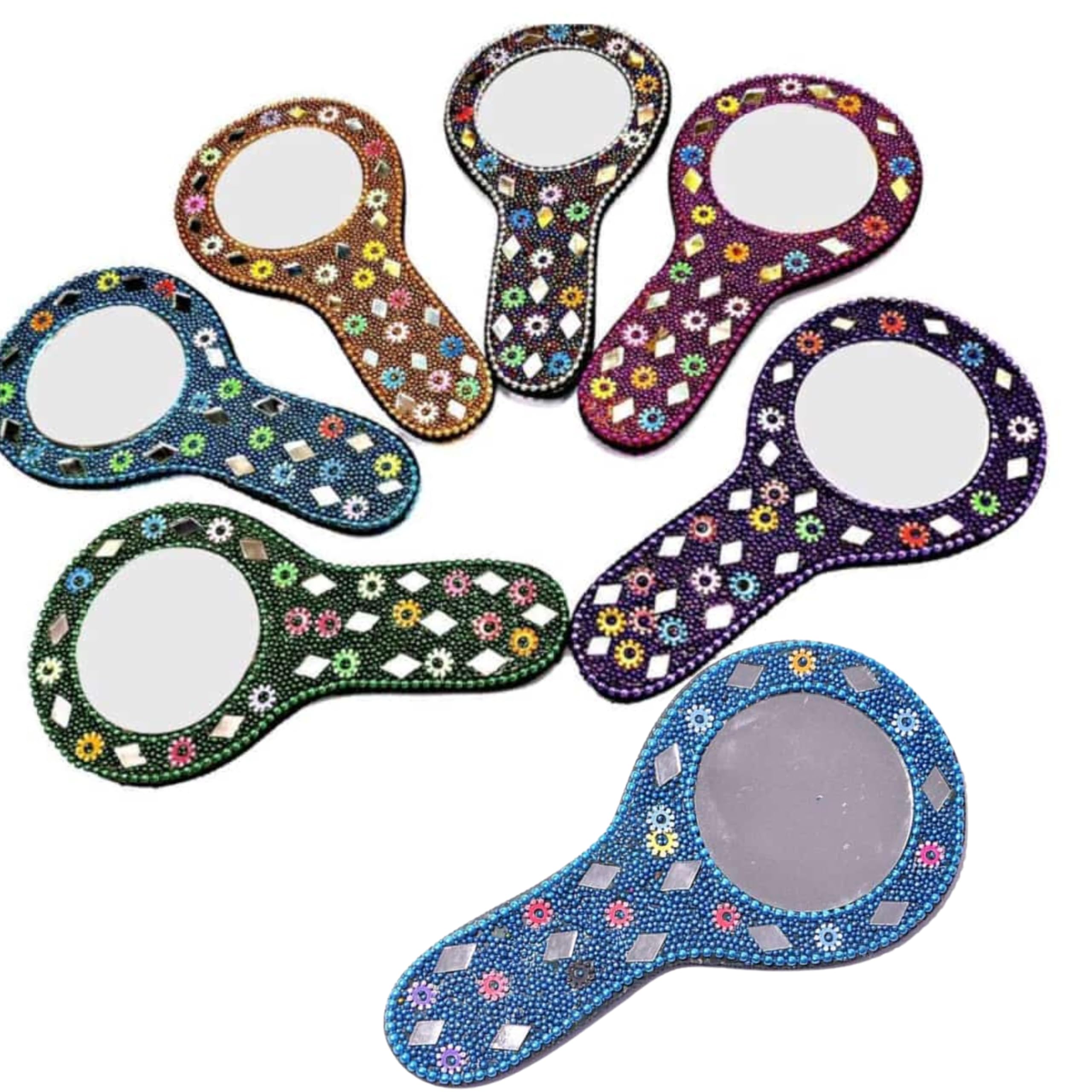 Small Mirror for Women, Decorative Crafted Wooden Multicolor Decorative Pocket Mirror with Handle, Compact Makeup Mirror for Women (Pack of 10 Piece), Dresser, Round (10)-image-42