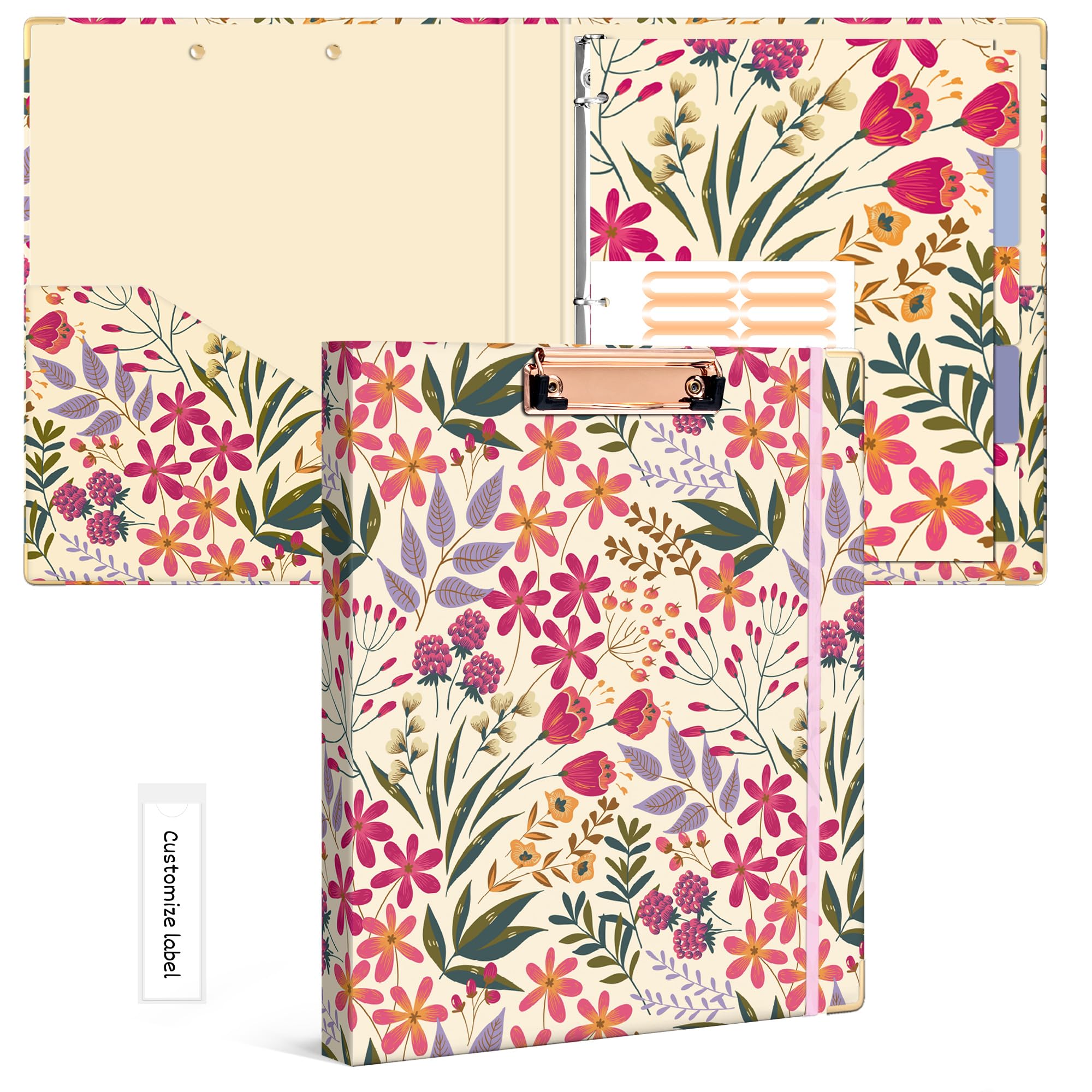Ospelelf 3 Ring Binder, 1/2 Inch, Cute Floral Binder for Letter Size (11" x 8.5") with 5 Tab Dividers, File Folder Labels and Low Profile Clipboards