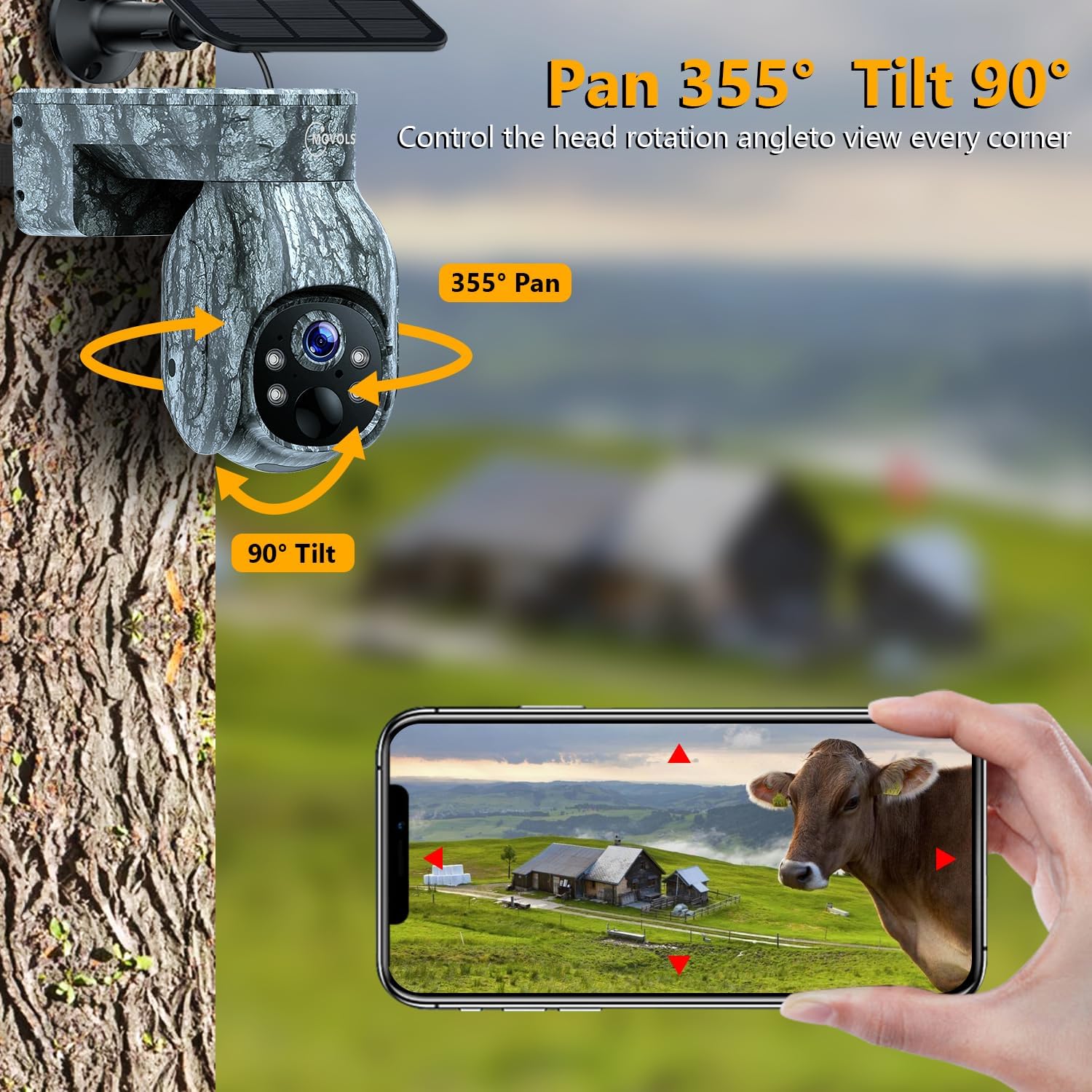 Trail Camera 4G LTE, 2K PTZ Cellular Game Camera Solar with 360° Full View,Live Video, Color Night Vision, Hunting Motion Activated IP66 Waterproof, No WiFi, Remote Phone Access