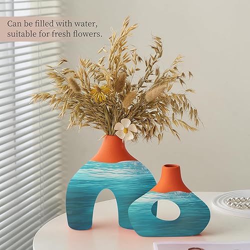 Miniatura 7 de Juego de 2 jarrones de cerámica naranja mate para flores, decoración rústica del hogar para sala de estar, centro de mesa, decoración estética