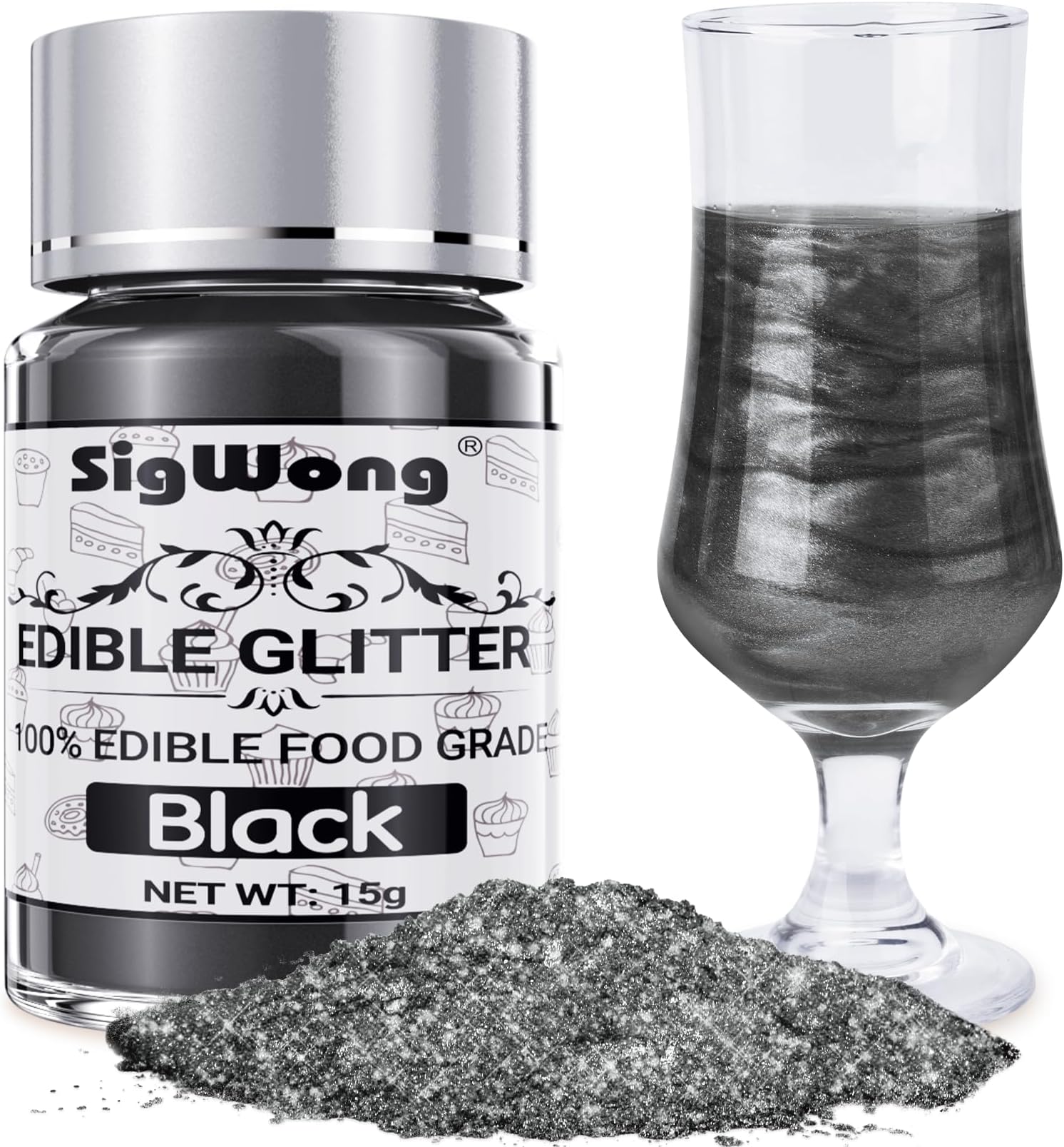 Black Edible Glitter - 15g Food Grade Luster Dust Powder, Cake Decorating Sprinkle Glimmery Dust for Drinks, Wine, Fondant, Chocolate, Candy, Cookie, Vegan