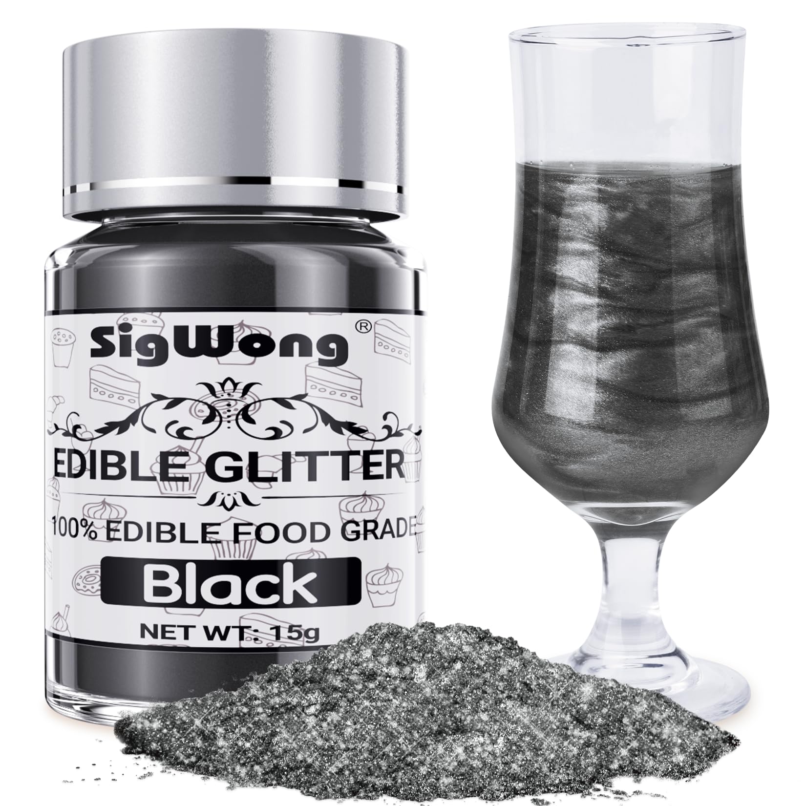 Black Edible Glitter - 15g Food Grade Luster Dust Powder, Cake Decorating Sprinkle Glimmery Dust for Drinks, Wine, Fondant, Chocolate, Candy, Cookie, Vegan