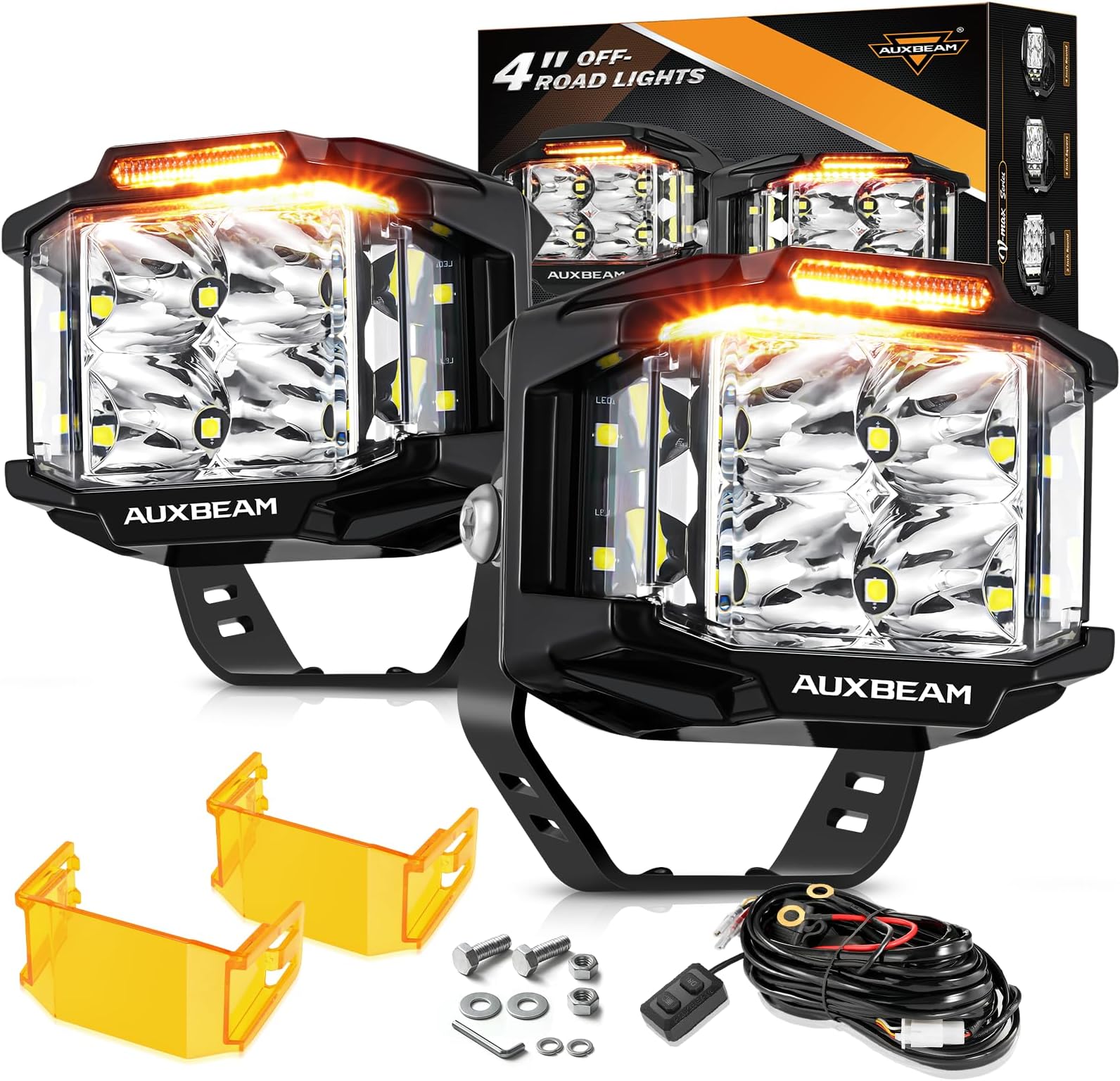 Auxbeam 4" 92W Cube Led Pod With Amber Drl, V-Max Series Offroad Lights Side Shooter & Covers, Square Light 270°Combo Beam Auxiliary For Truck Jeep Atv