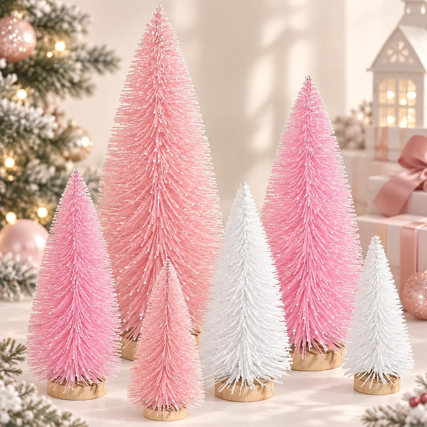 Hatisan 6pcs Mini Christmas Trees Decorations Small Bottle Brush Trees with Wooden Base, Artificial Christmas Trees for Village Tabletop Home Room Party Craft Christmas Decor Indoor(Khaki,Beige)