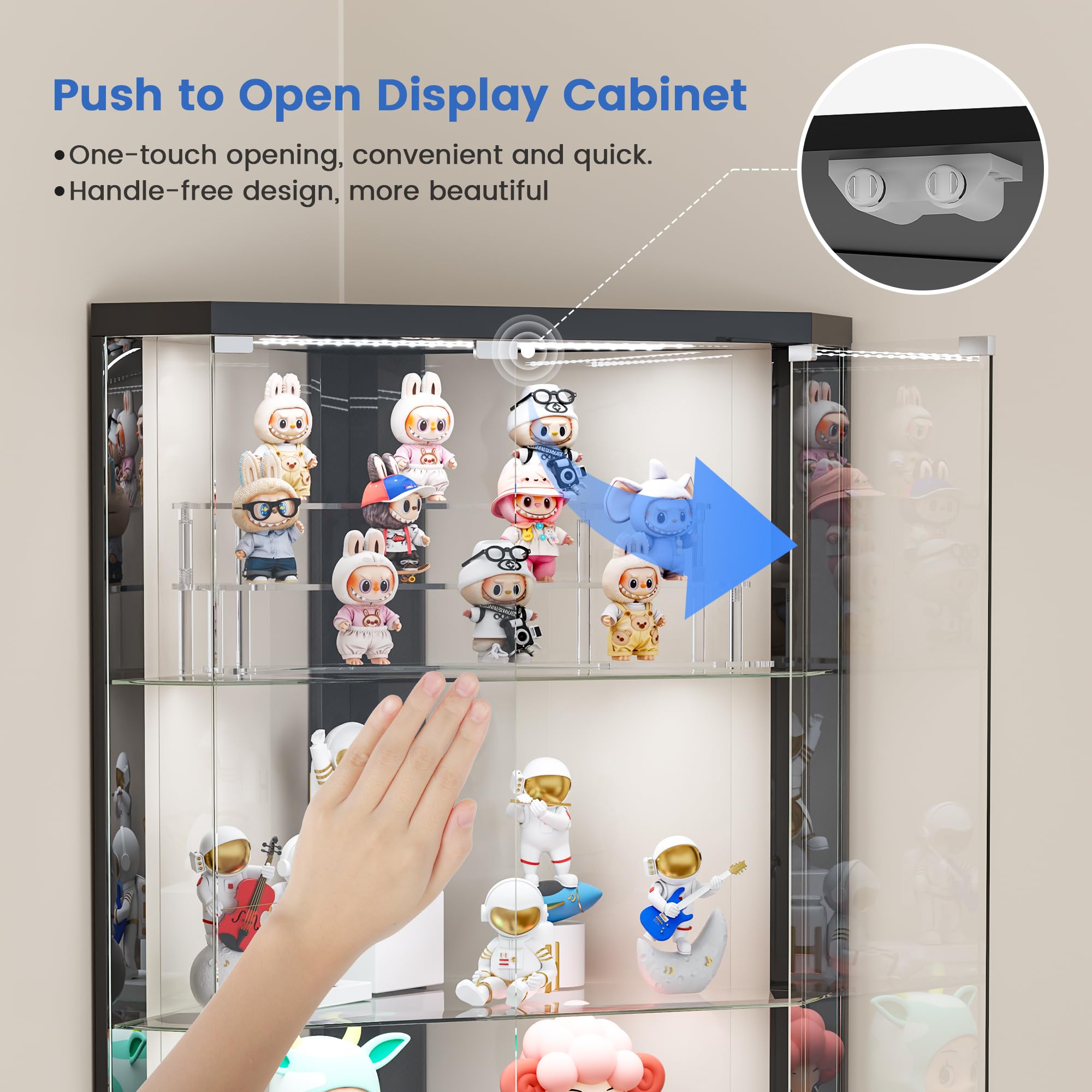 Lvifur Eckvitrine mit LED Beleuchtung & Glastüren für Sammlervitrine und Wohnzimmer, Vitrinenschrank mit Menschlicher Sensor für Schlafzimmer Studierzimme,175cm 5-Lagen Glasvitrine Schwarz
