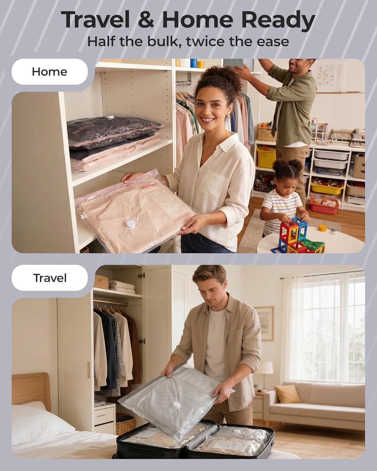 BAGSMART Vacuum Bags for Travel with Rechargeable Air Pump, Portable Space Saver Bags for Travel & Home, Vacuum Compression Seal Bag for Clothing, Blanket, 18 Pack Gray