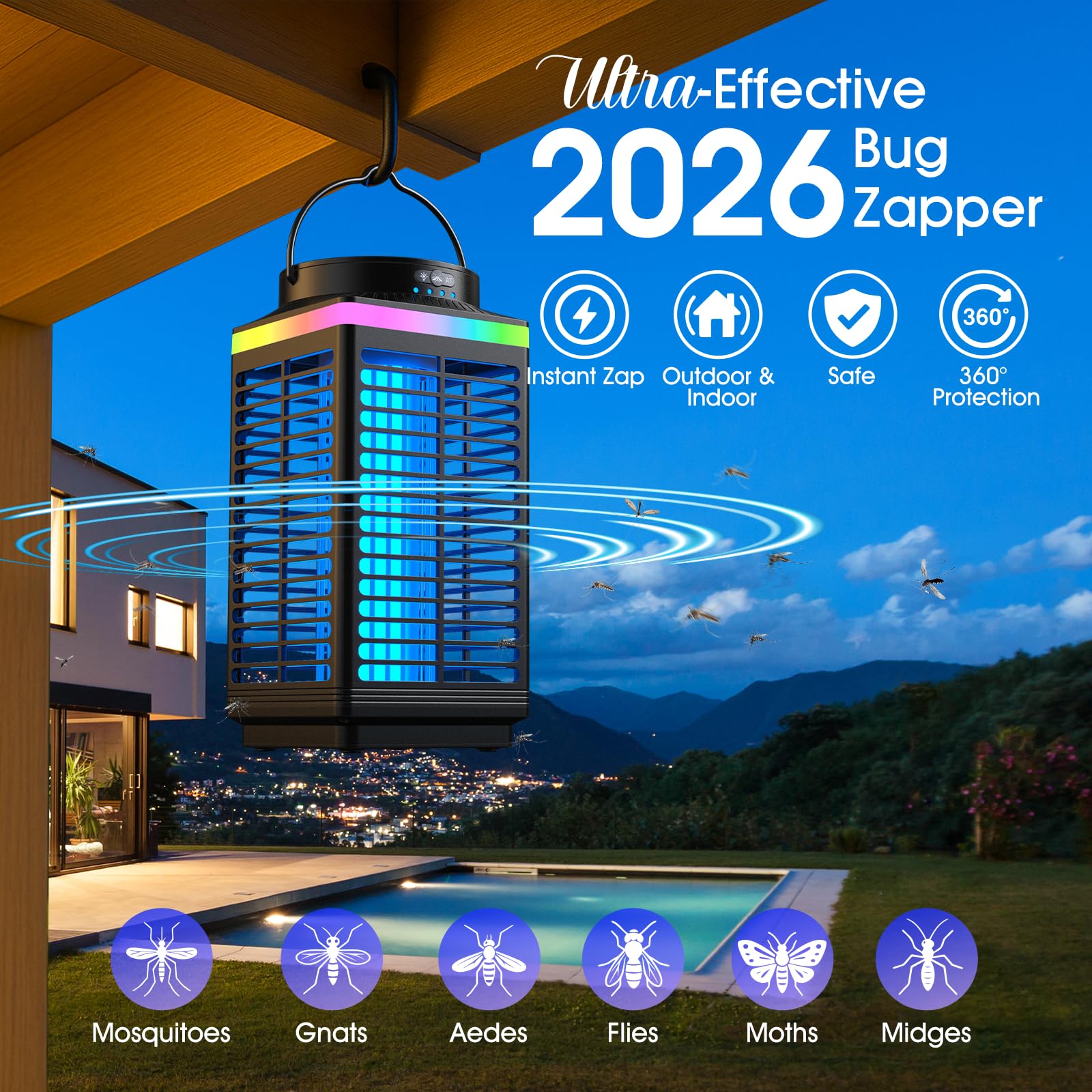 Zapper per insetti da esterni, 4 in 1, 4200 V, ricaricabile, senza fili, con batteria da 5000 mAh, portatile e wireless, impermeabile IP68, per patio, campeggio, casa