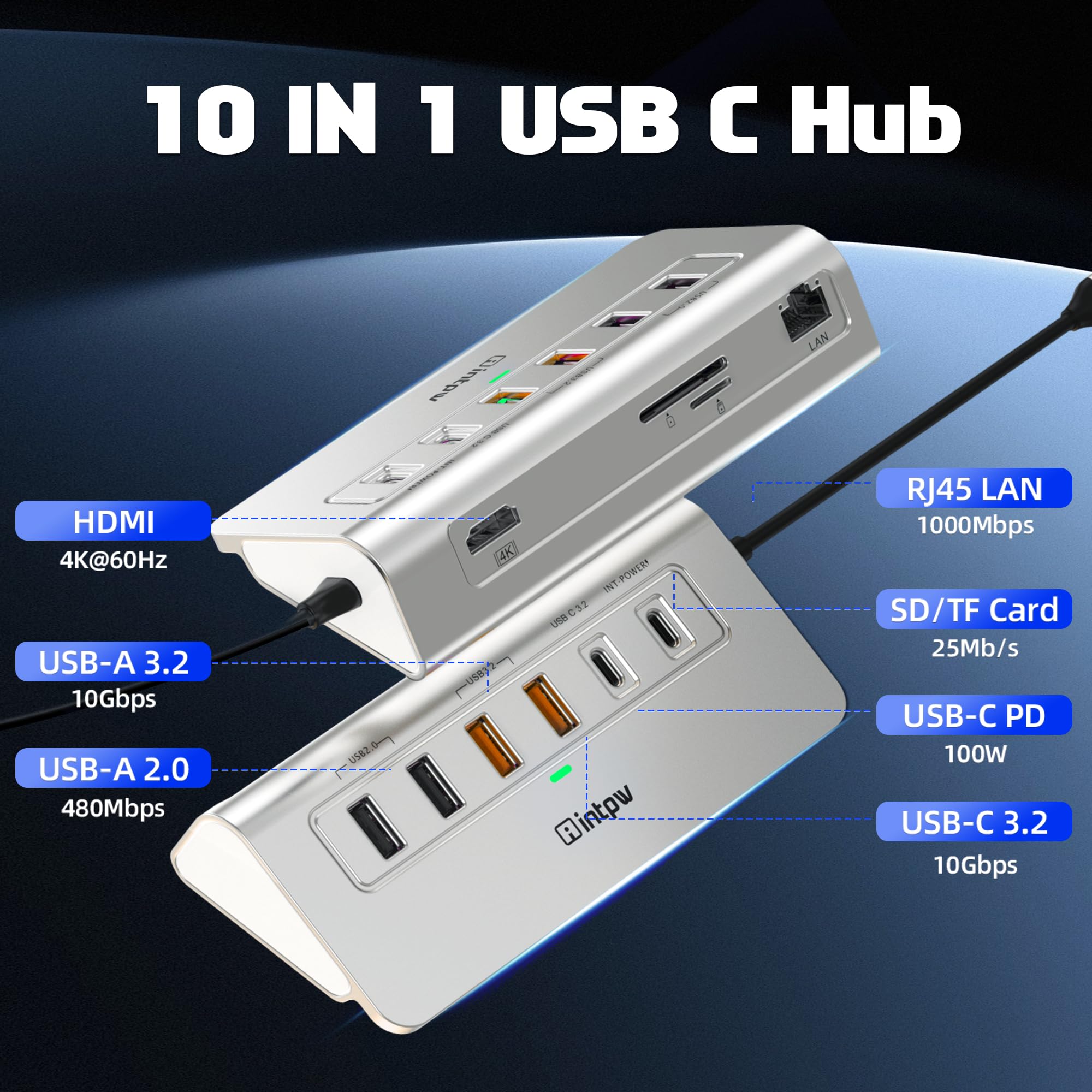 Hub USB C Ethernet, estación de acoplamiento USB de 10 Gbps 10 en 1 con HDMI 4K a 60Hz, USB C y 2 datos USB A 3.2, LAN, 2 USB A 2.0, PD 100W, puertos SD/TF, concentrador USB alimentado de 3.28 pies
