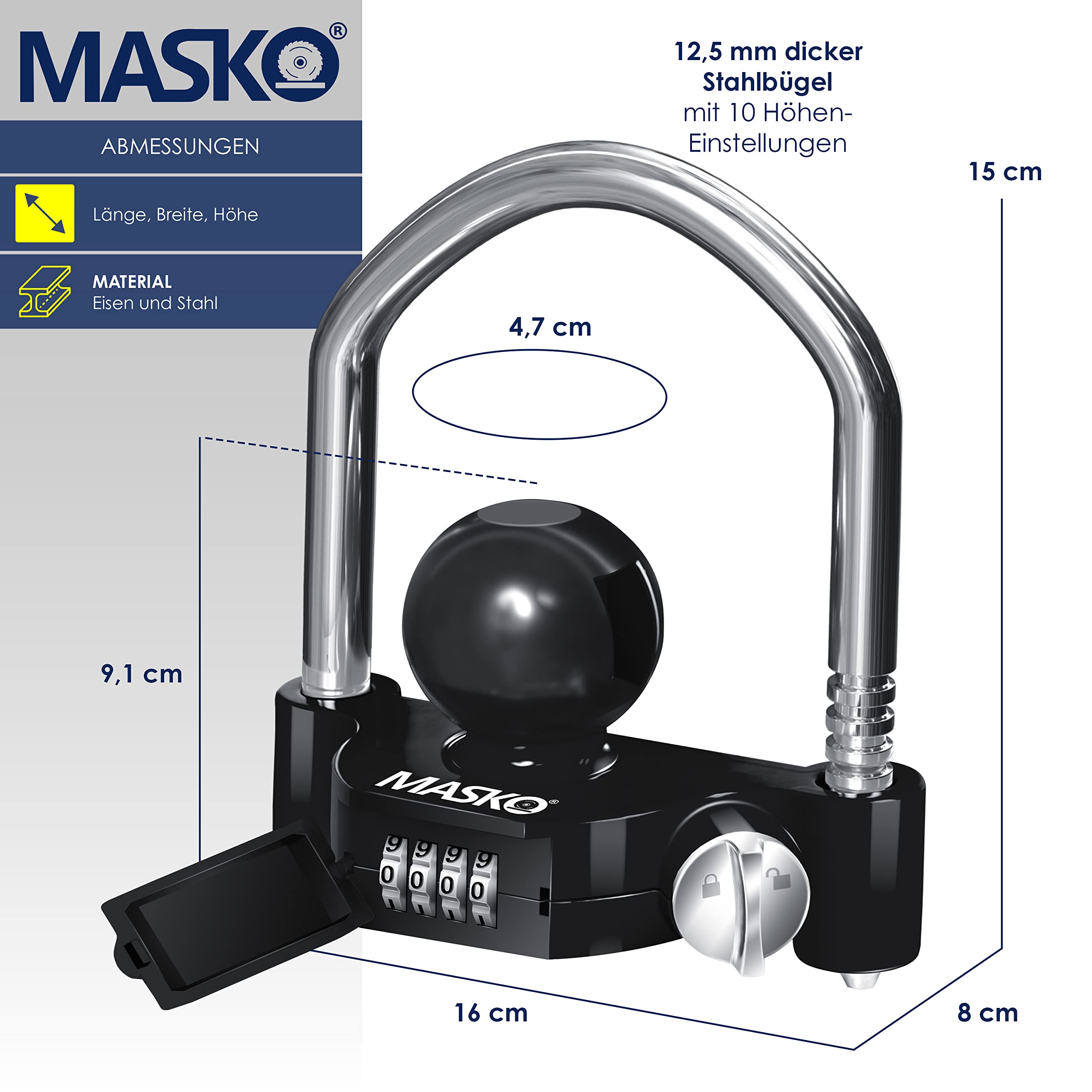 MASKO® Lucchetto per Rimorchio, Lucchetto a Combinazione con Codice a 4 Cifre per i Comuni ganci di Traino, Facile Installazione, Protezione Antifurto, Roulotte, Rimorchio, Nero