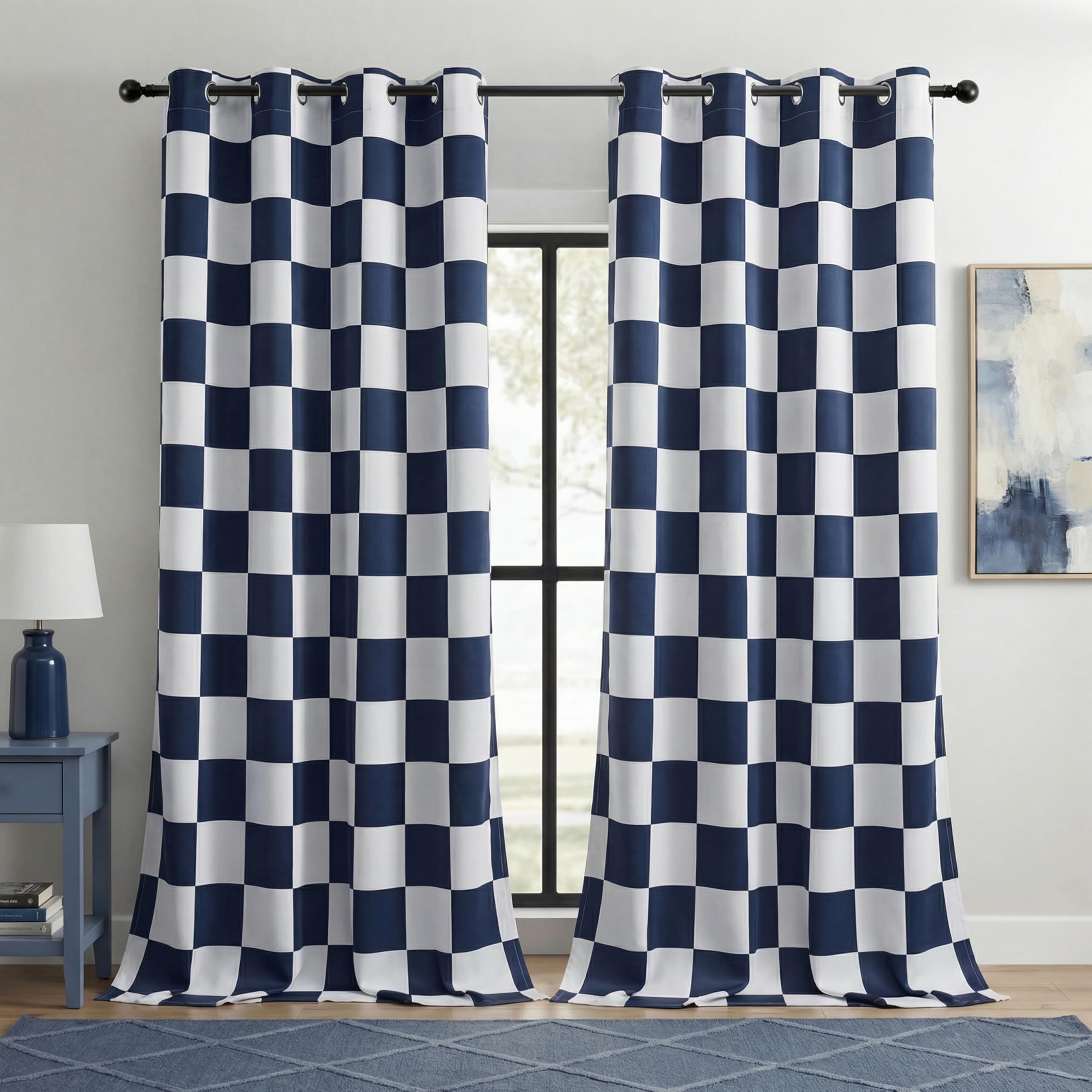 BOHOMOCASA 100% Blackout Checkered Curtains – 2 Panels, Each W52×L96, Thermal Insulated, Nosie Reducing for Bedroom, Navy and White Checkerboard Design — image 1