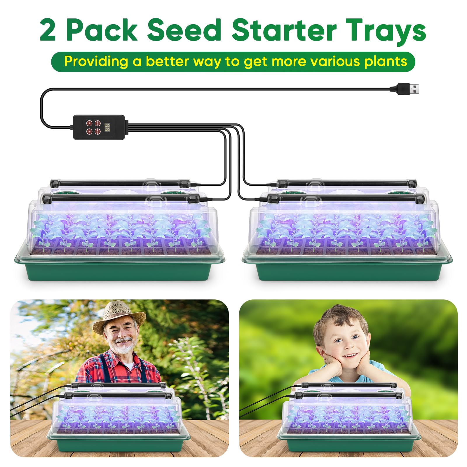Ulepszona taca startowa do sadzonek z oświetleniem do wzrostu, 80 komórek, taca na sadzonki, z zestawem Humidity Dome/Indoor Grow Kit do głęboko zakorzenionych sadzonek, timer 1-24 godzinny, białe i
