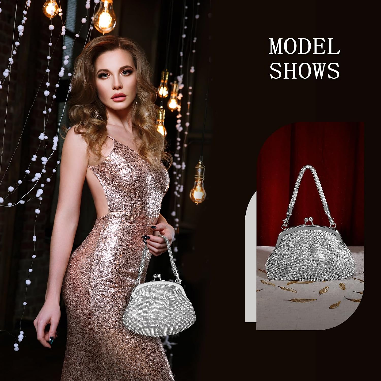 UBORSE Silver Purse for Women, Sparkly Evening Bag, Rhinestone Silver Clutch Purse for 1920s Party Prom Wedding