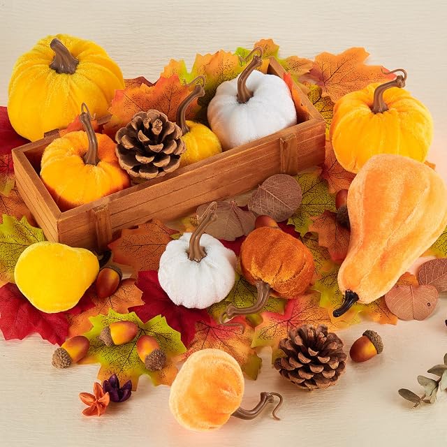 Chuangdi 10 Pieces Autumn Artificial Felt Pumpkins Decoration Set Halloween Velet Fake Pumpkins Pine Cones Maple Leaves Acorns Fall Decoration Thanksgiving Table Door Outdoor Decoration Set