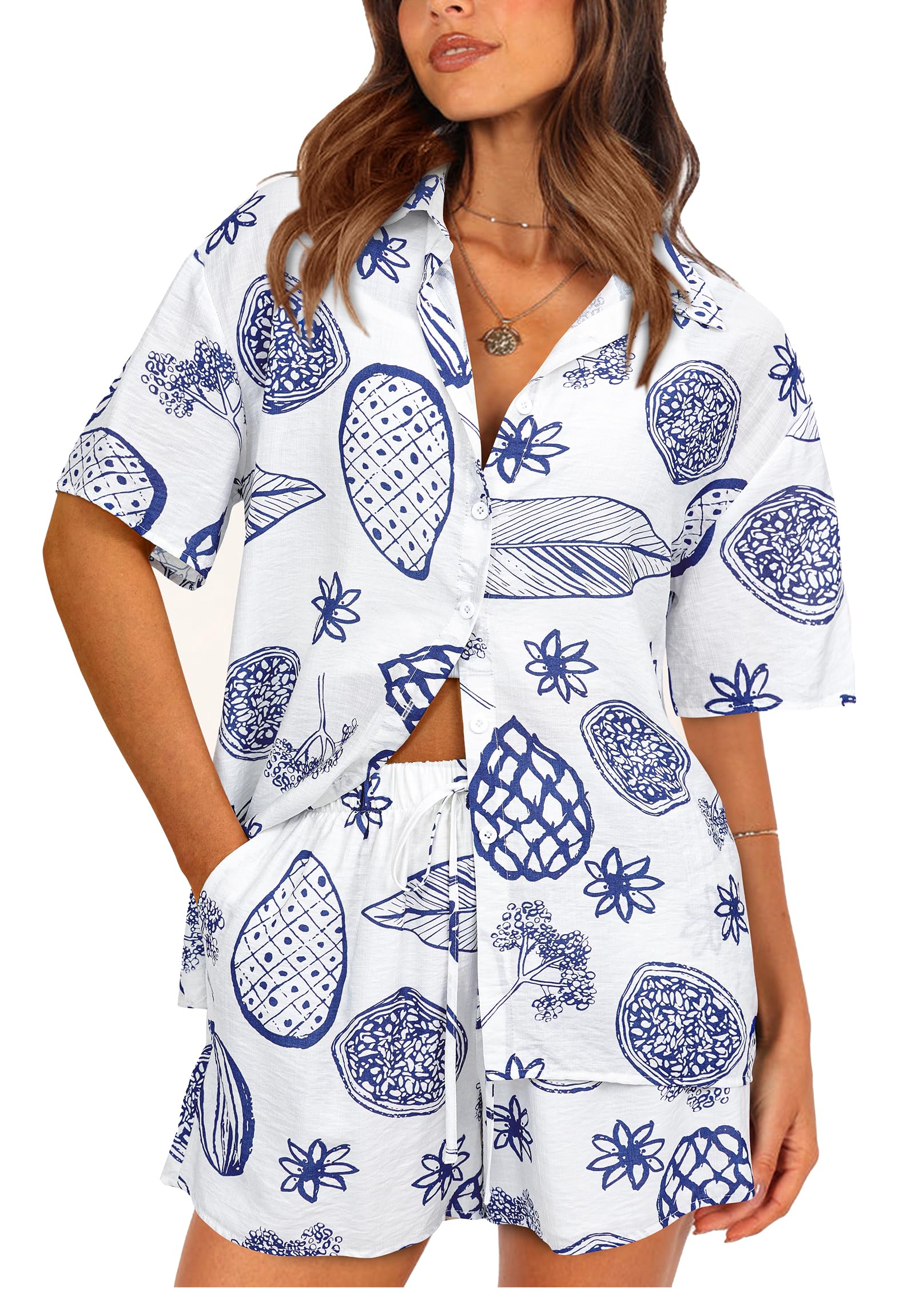 2 Piece Sets for Women Summer Clothes 2026 Printed Button Down Shirts Tops Lounge Shorts Beach Vacation Outfits-image-36
