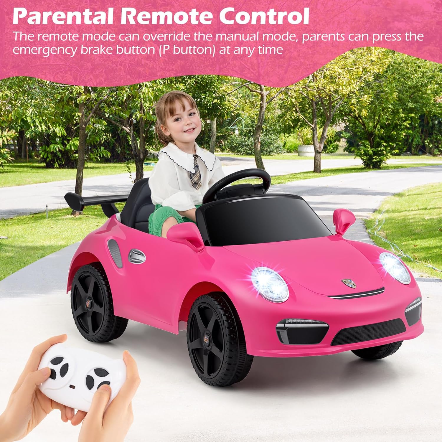 Licensed RUF Porsche 12V Pink Ride on Car by INFANS, Electric Vehicle Battery Powered with Remote Control, Headlight, Bluetooth, Power Display, 4 Wheeler Toys for Kids Girls Boys