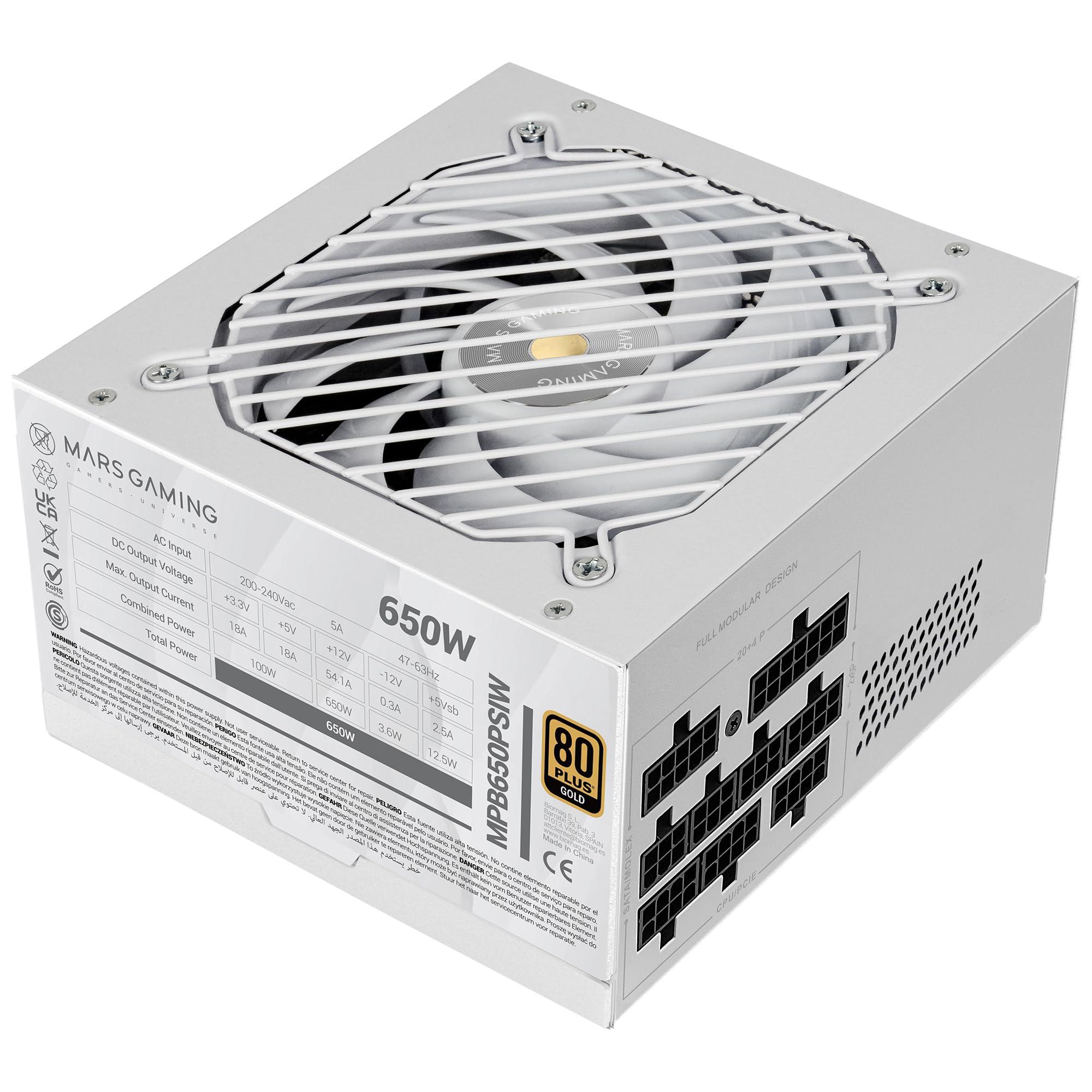 Mars Gaming MPB650PSI, Alimentatore PC Full Modular 650W, 10 Anni di Garanzia, 80Plus Gold 90%, Ventola SI Extreme Silence, Tecnologie AI2-RPM, DC-DC e SMD, ATX 3.1 e PCIe 5.1, Bianco