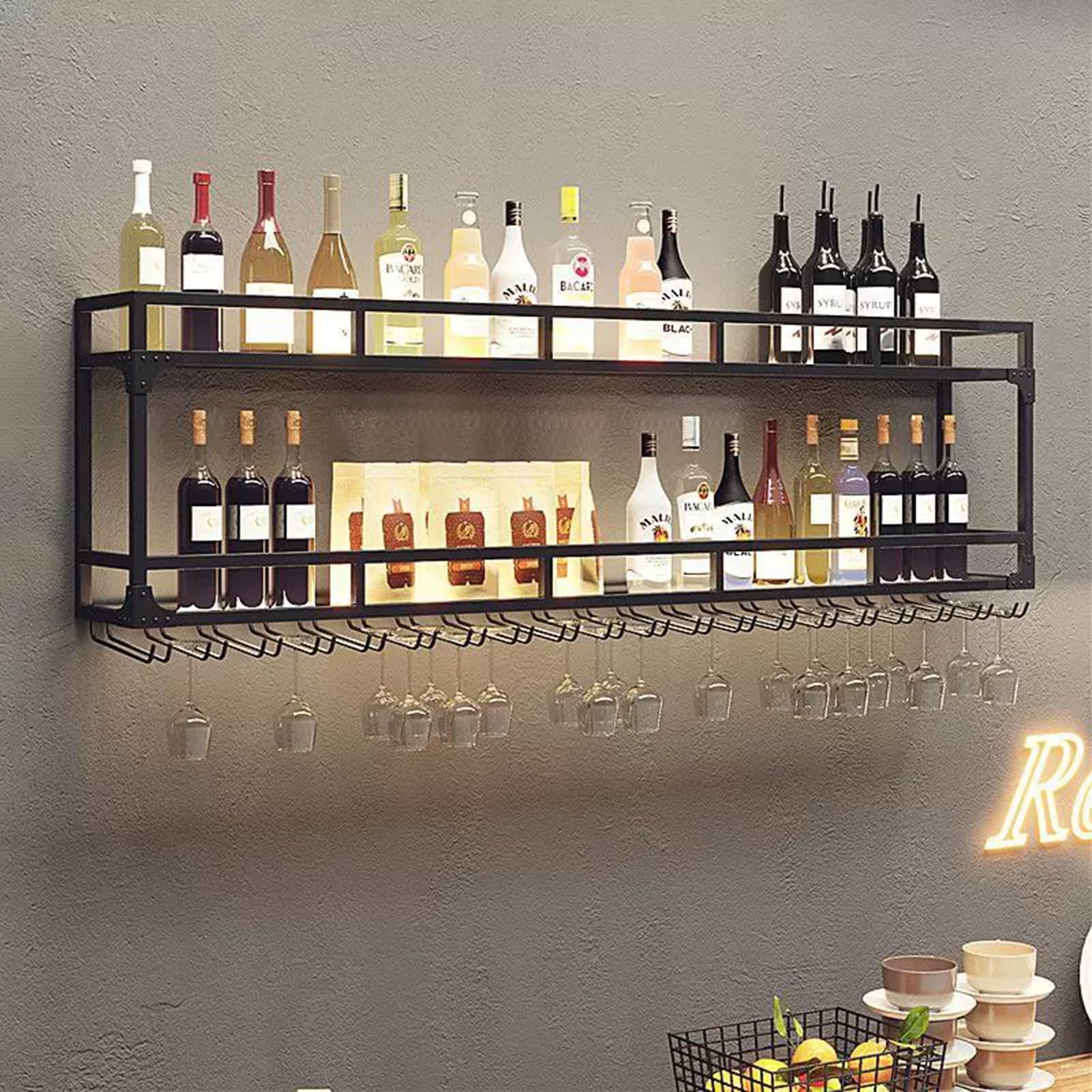 Étagère à vin murale LED à 2 niveaux pour une grande capacité de bouteilles et verres