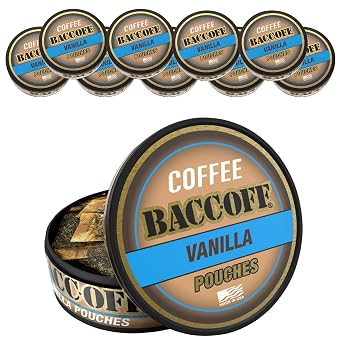10 Cans, BaccOff Vanilla Coffee Pouches, 50 MG of Caffeine Per Serving, Natural Vanilla Bean Flavor, Coffee and Cream Flavors, 16 Pouches Per Can