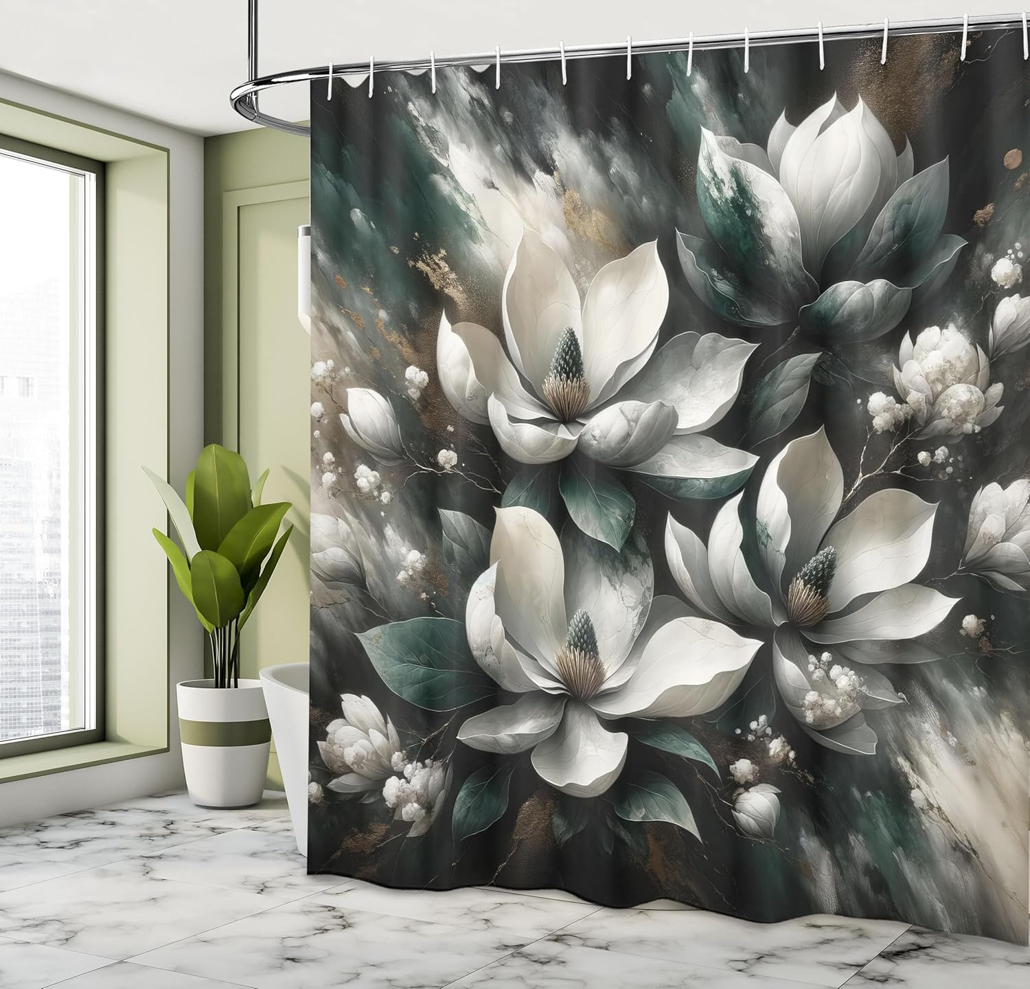 Ambesonne Dark Green Shower Curtain, Deep Garden Painting Style Abstract Magnolia Flowers with Splash Effect, Cloth Fabric Bathroom Decor Set with Hooks, 69" W x 84" L, Dimgray Off White