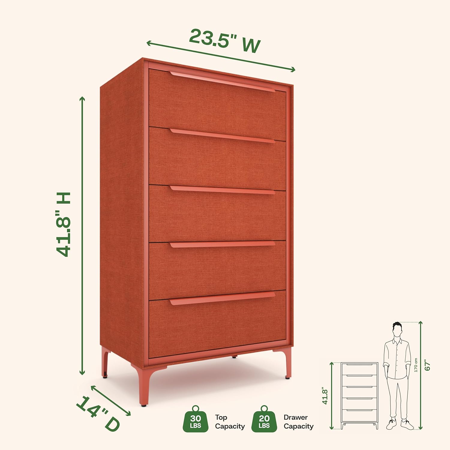 tinge Naima Premium Fabric Dresser - Strong Metal Frame, 5 Spacious Sag-Proof Drawers with Sleek Metal Handles - Premium & Durable Storage Solution for Your Home (Orange)