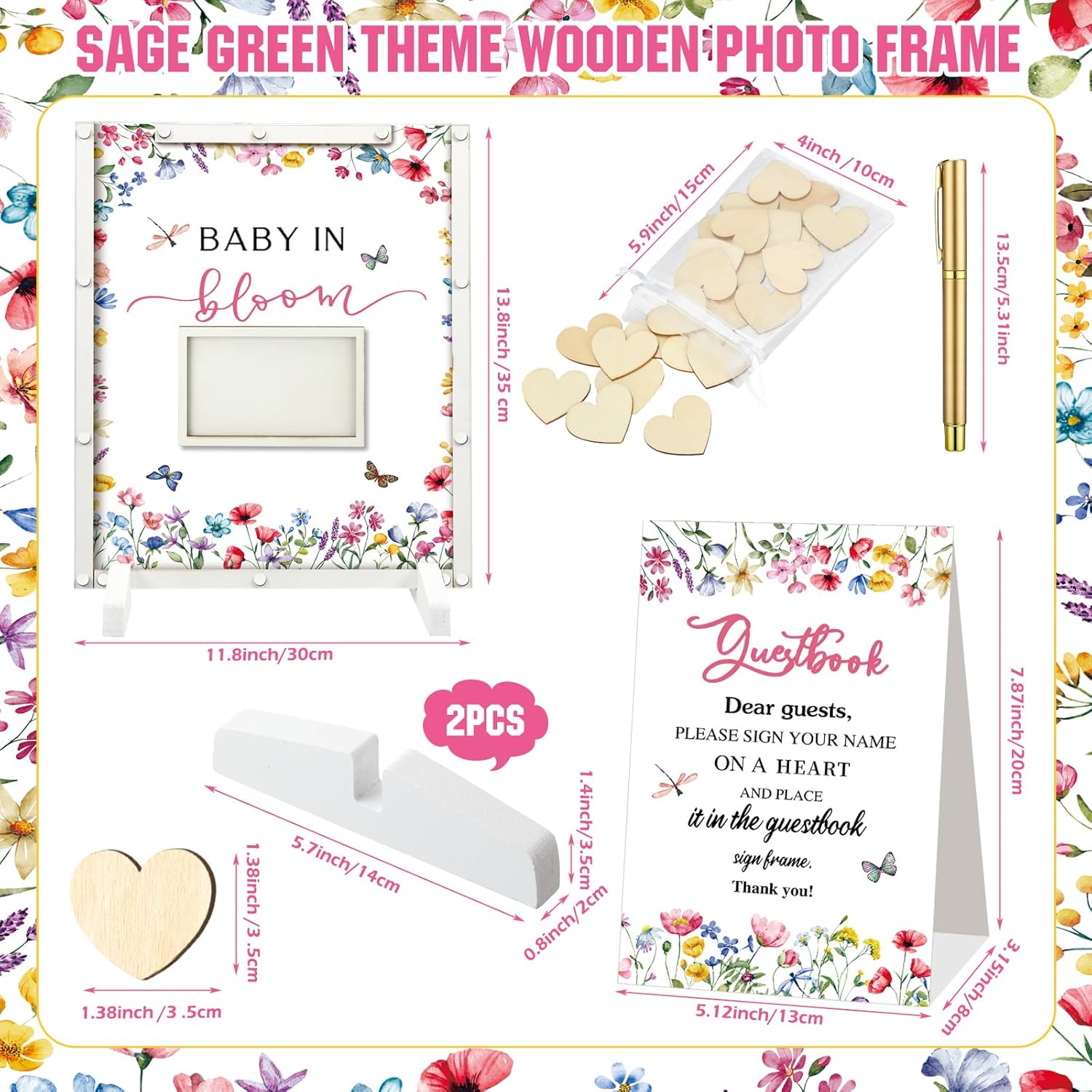 65 Pcs Wildflower Baby Shower Guest Book Alternatives Baby in Bloom Shower Decorations Sign in Guest Book with Picture Frame and 60 Wooden Chip