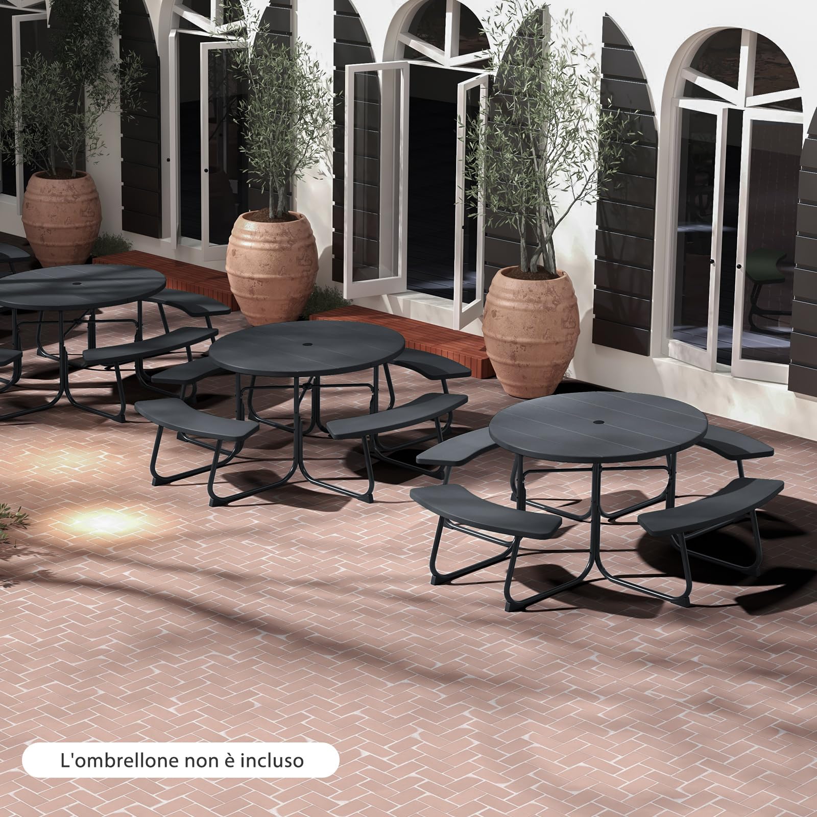 GYMAX Tavolo da picnic all'aperto, tavolo portatile con 4 panche e foro per ombrellone, set da tavolo da picnic rotondo per 8 persone per giardino e terrazzo， 190 x 76 cm (Nero)