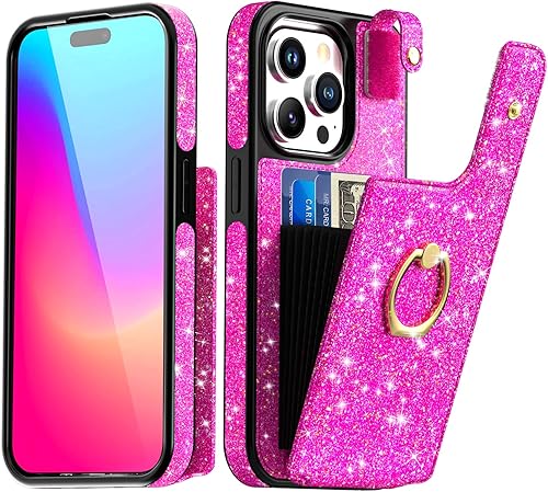 AICase Funda para tarjetas compatible con iPhone 15 Pro, funda protectora brillante con purpurina para mujer con soporte de anillo y 8 ranuras para
