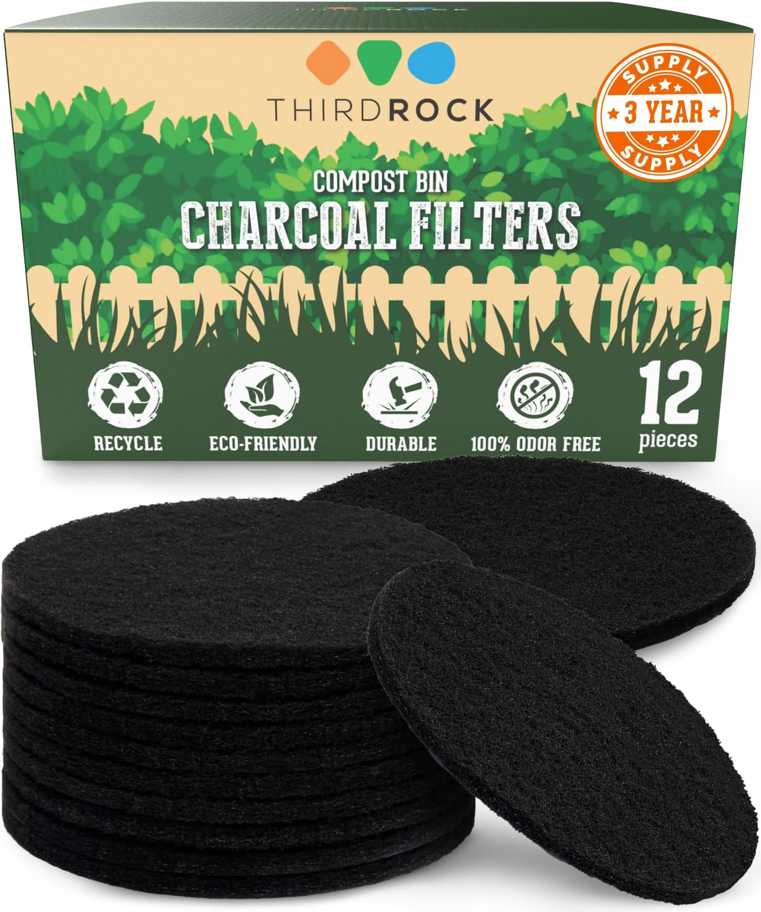 3 Years Supply Charcoal Filters for Compost Bucket - 12 Pack - 5.1 inches in Diameter - Designed to Fit 1 Gallon Third Rock Compost Bin - Premium Extra Thick Charcoal Filter for Compost Pail