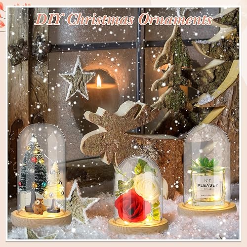 Miniatura 3 de Roowest 6 unidades de cúpula de plástico Cloche con base de madera rústica y luz LED cúpula de plástico para decoración de mesa de boda rosa centro