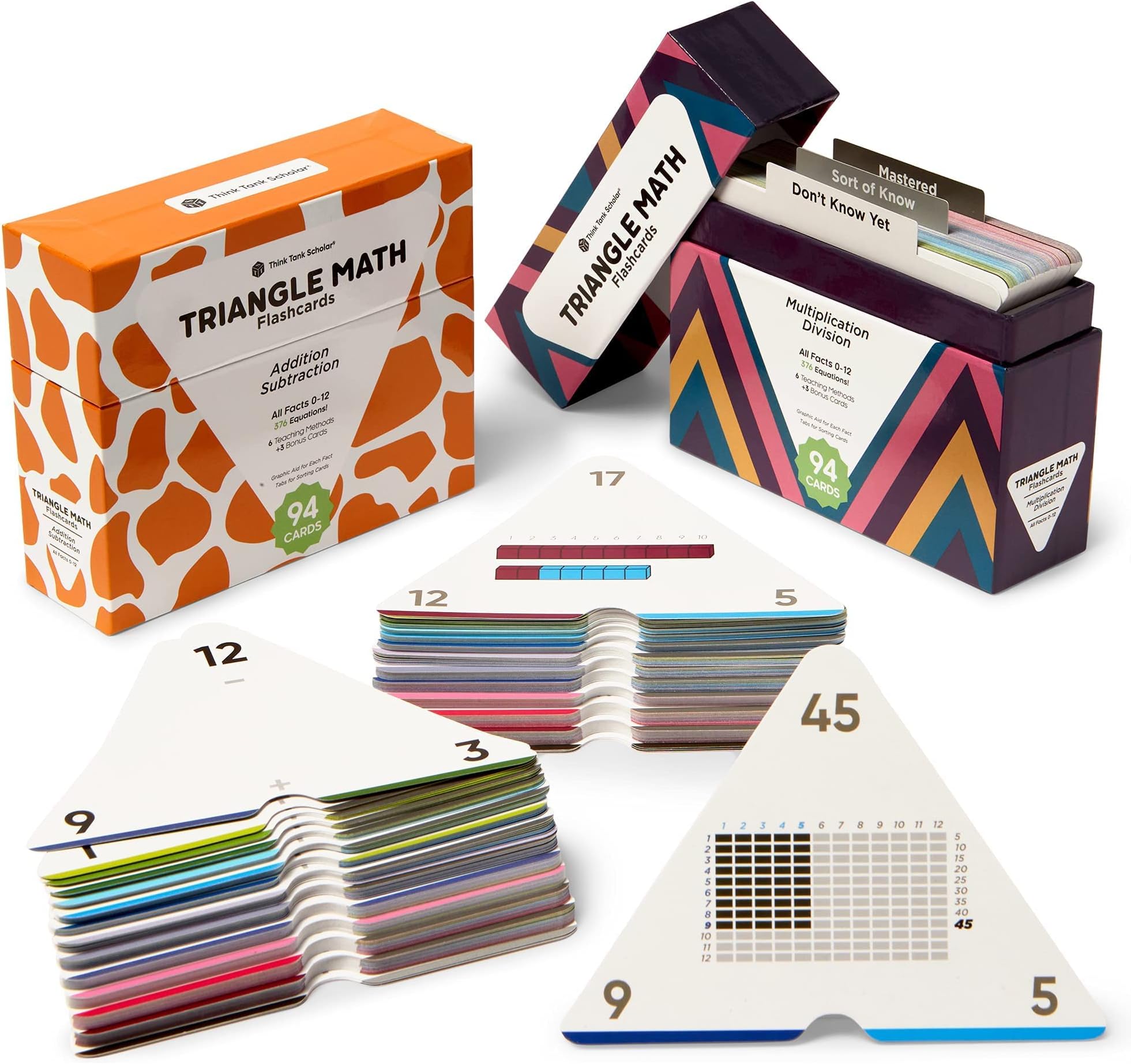 Award-Winning Triangle Math Flash Cards – 752 Facts (Add, Subtract, Multiply & Divide) – Grades K–6 – Visual Aids, Color-Coded, Mastery Sorting System