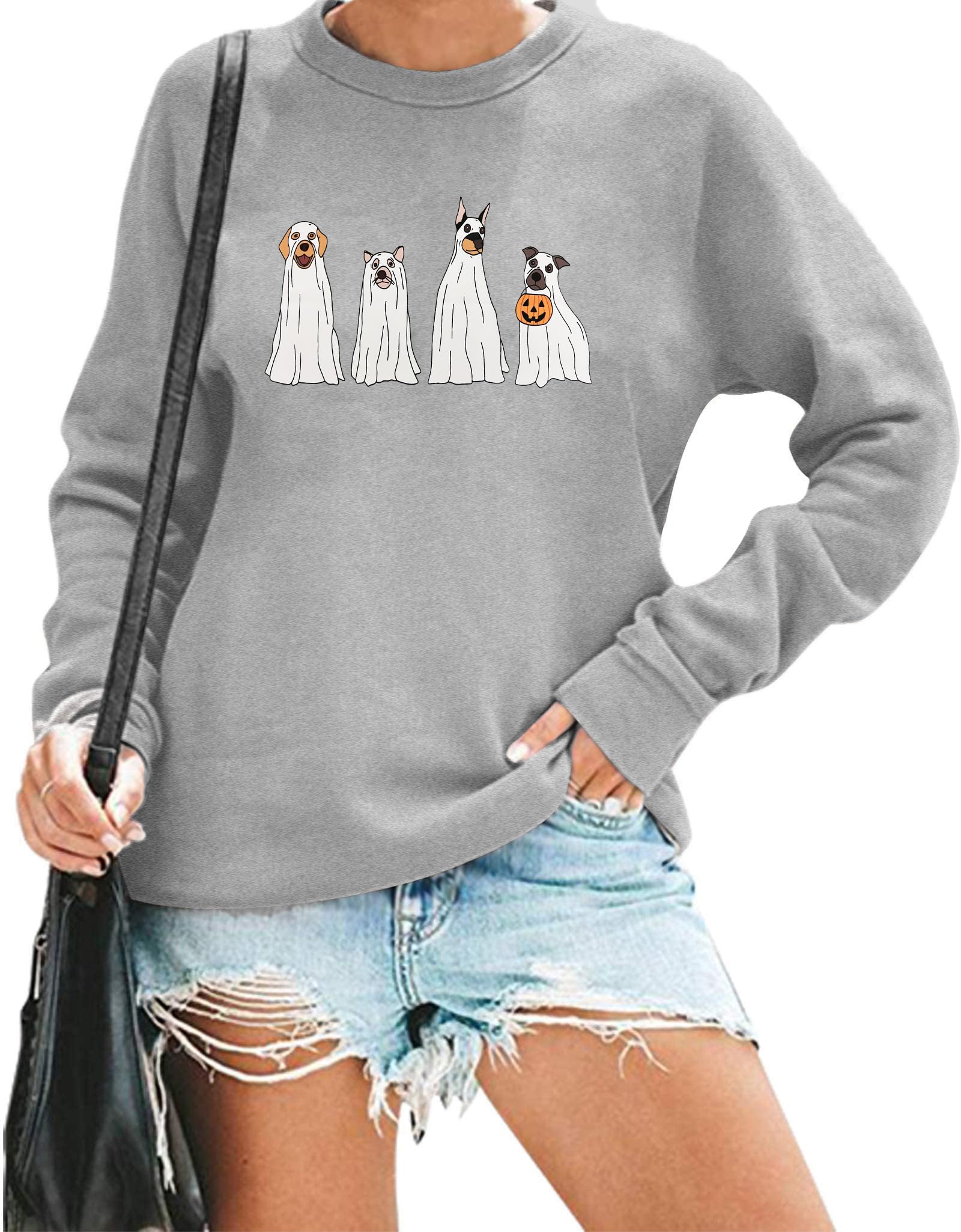 AIIWEIS Halloween Ghost Dog Sweatshirt Women Funny Spooky Season Long Sleeve Shirt Crewneck Halloween Pullover Top