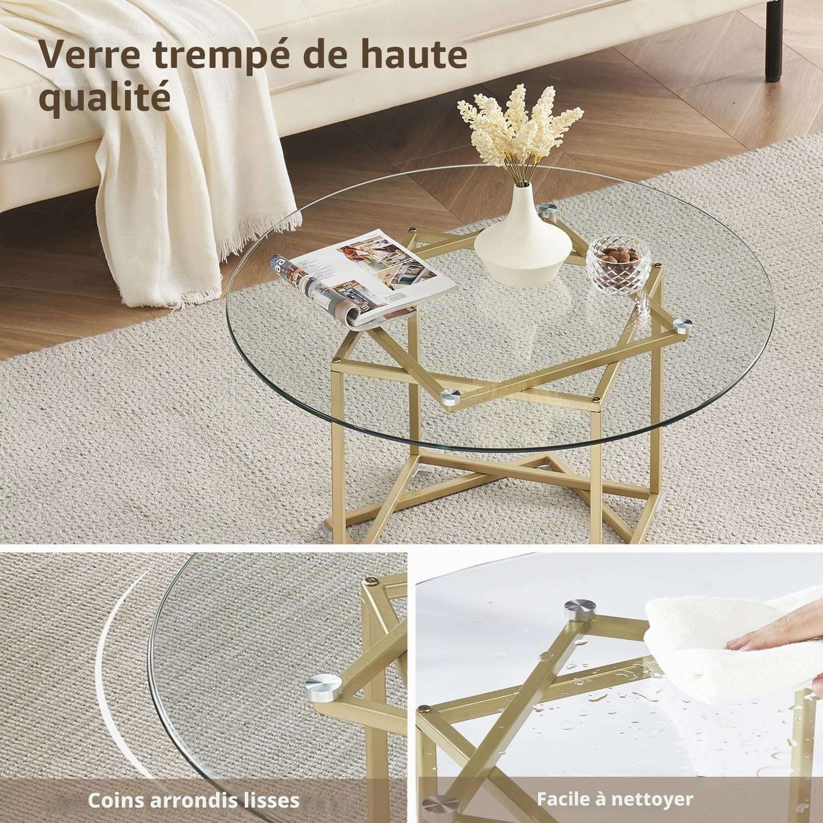 Table Basse Ronde, Table Basse Verre, Table de Salon, Table d'Appoint pour Meubles De Salon, 80×80 cm