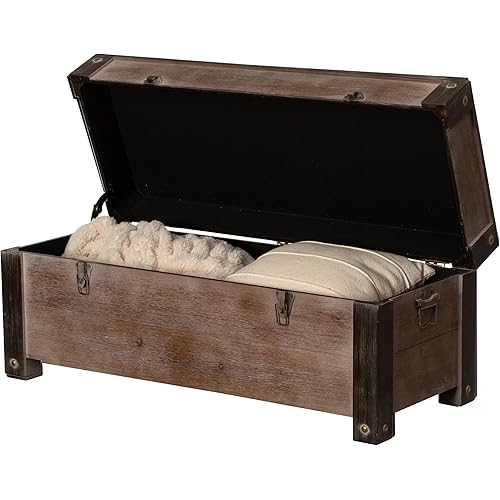 Vintiquewise Wooden Storage Trunk Bench with Black Metal Accents Rustic Blanket & Linen Chest Decorative Organizer Entryway Seating Shoe Station or Bedroom Use for Pillows Throws and Extra Beddings