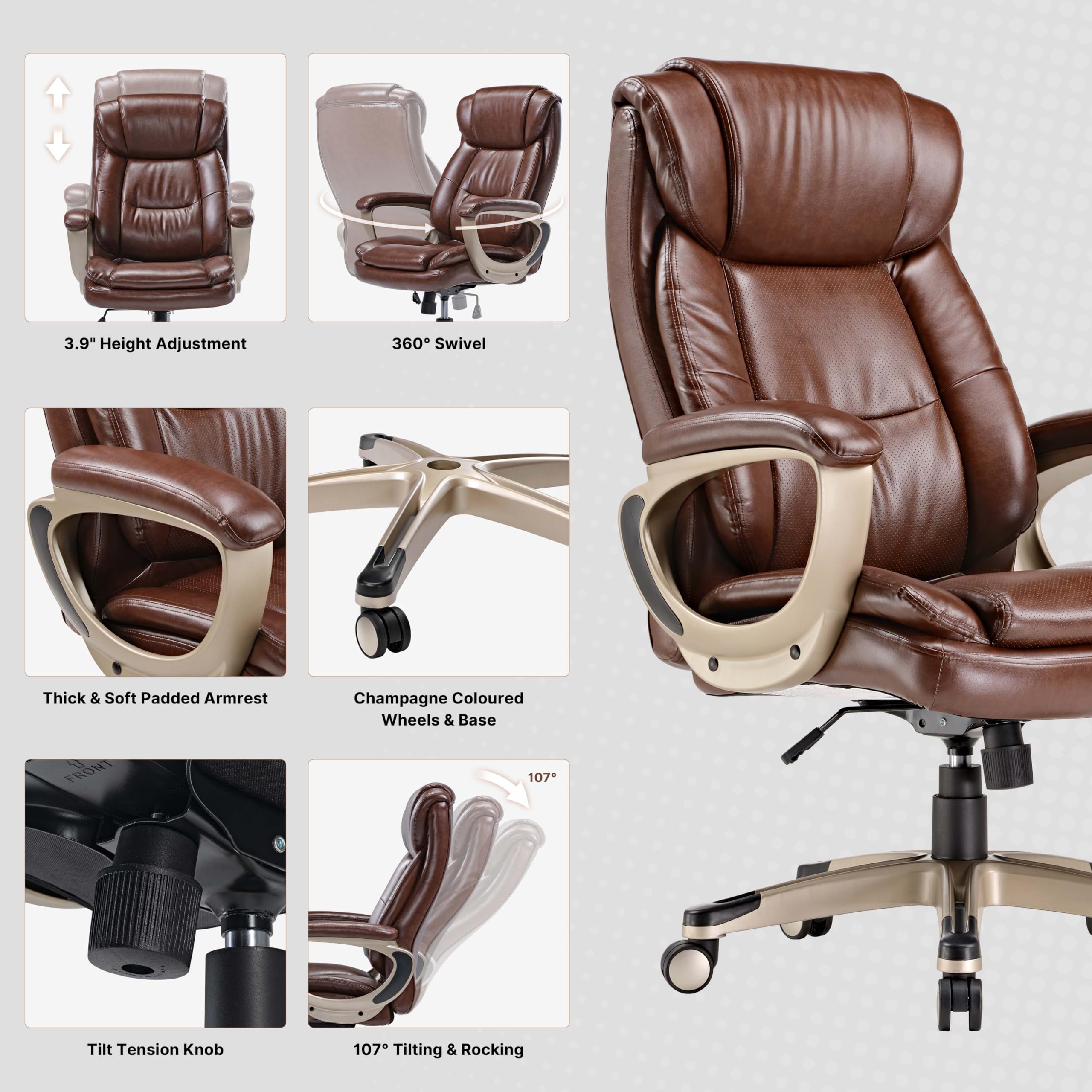 EUREKA ERGONOMIC Sedia Ufficio, Sedia Scrivania in Pelle PU con Braccioli Morbidi Seduta Extra Larga, Girevole Regolabile in Altezza, Supporto 120 KG, per Casa e Ufficio- Marrone