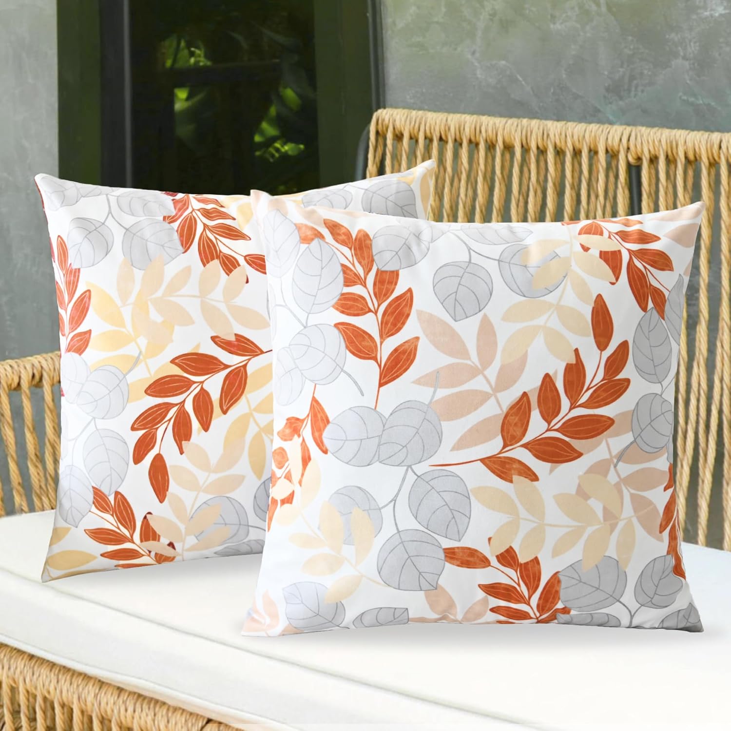 CaliTime Throw Pillow Covers Outdoor Waterproof Pack of 2 Cozy Flourishing Leaves Branches Decorative Cushion Cases for Garden Patio Tent Balcony Couch Sofa 18 X 18 Inches Burnt Orange Beige Grey