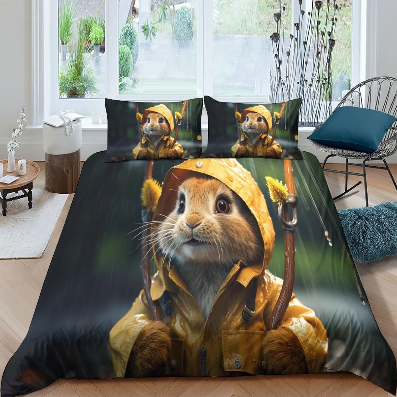 Cute Rabbit Duvet Cover Bedding Set 3 Piece Set Duvet Cover Wildlife Quilt Cover Microfiber Polyester Comforter Cover with Zipper Closure Pillowcase Double（200x200cm）