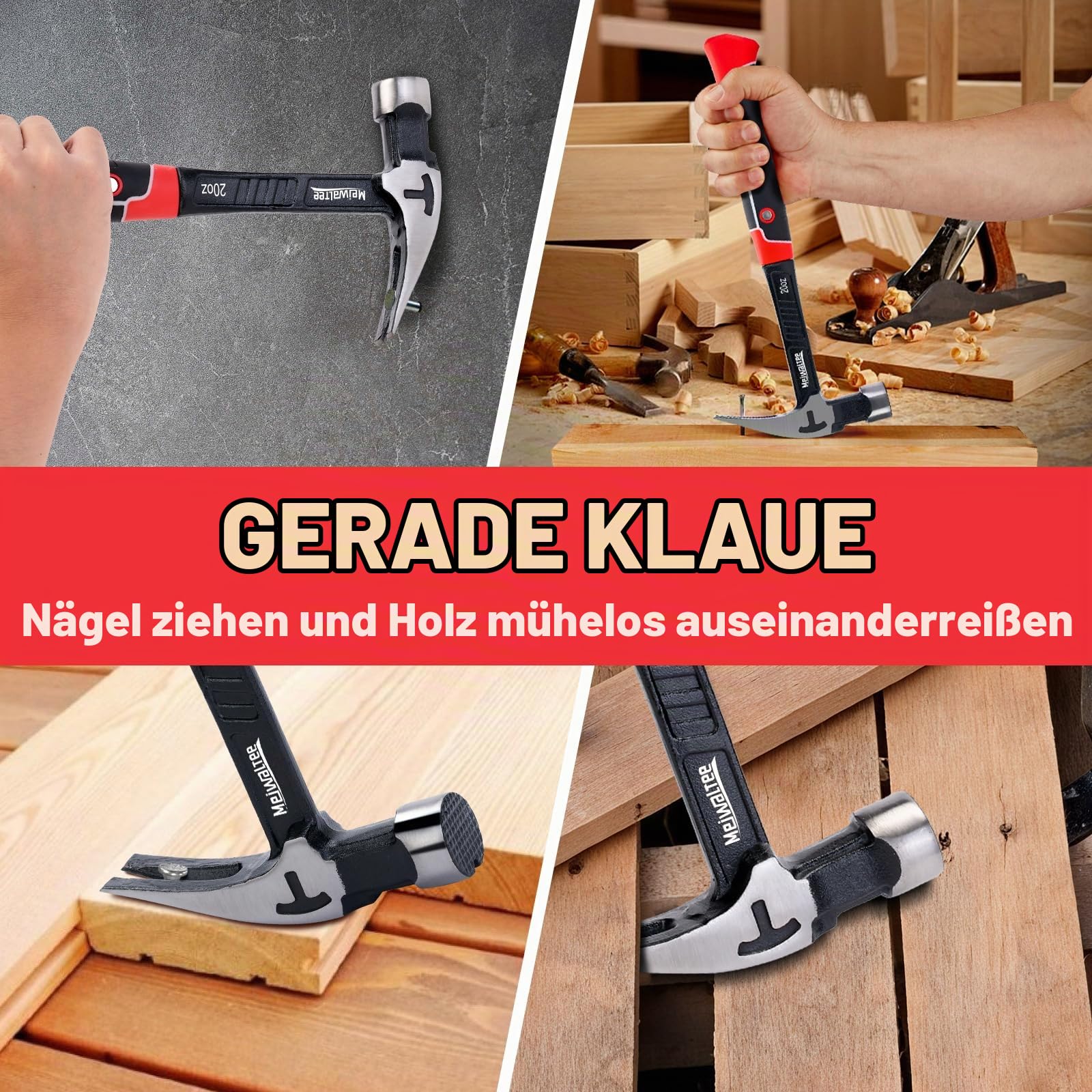 Gerader Klauenhammer,Zimmererhammer mit Magnetischem Nagelhalter, Gefräster Fläche & Stoßdämpfendem Griff - 850g Gewicht