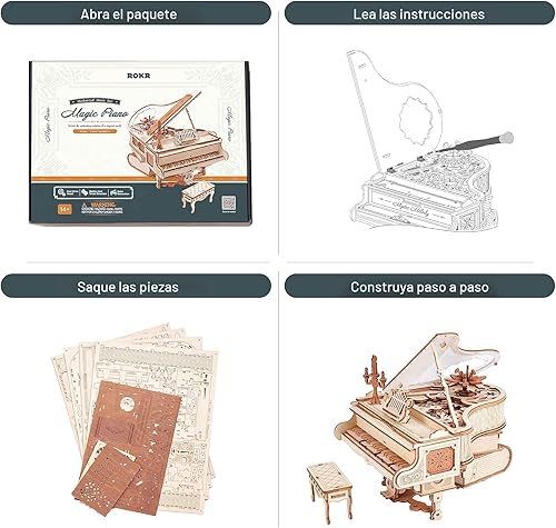 Miniatura 4 de ROKR Rompecabezas de madera 3D para adultos, 223 piezas, kit de modelo de piano a escala 120, rompecabezas de construcción, caja de música de