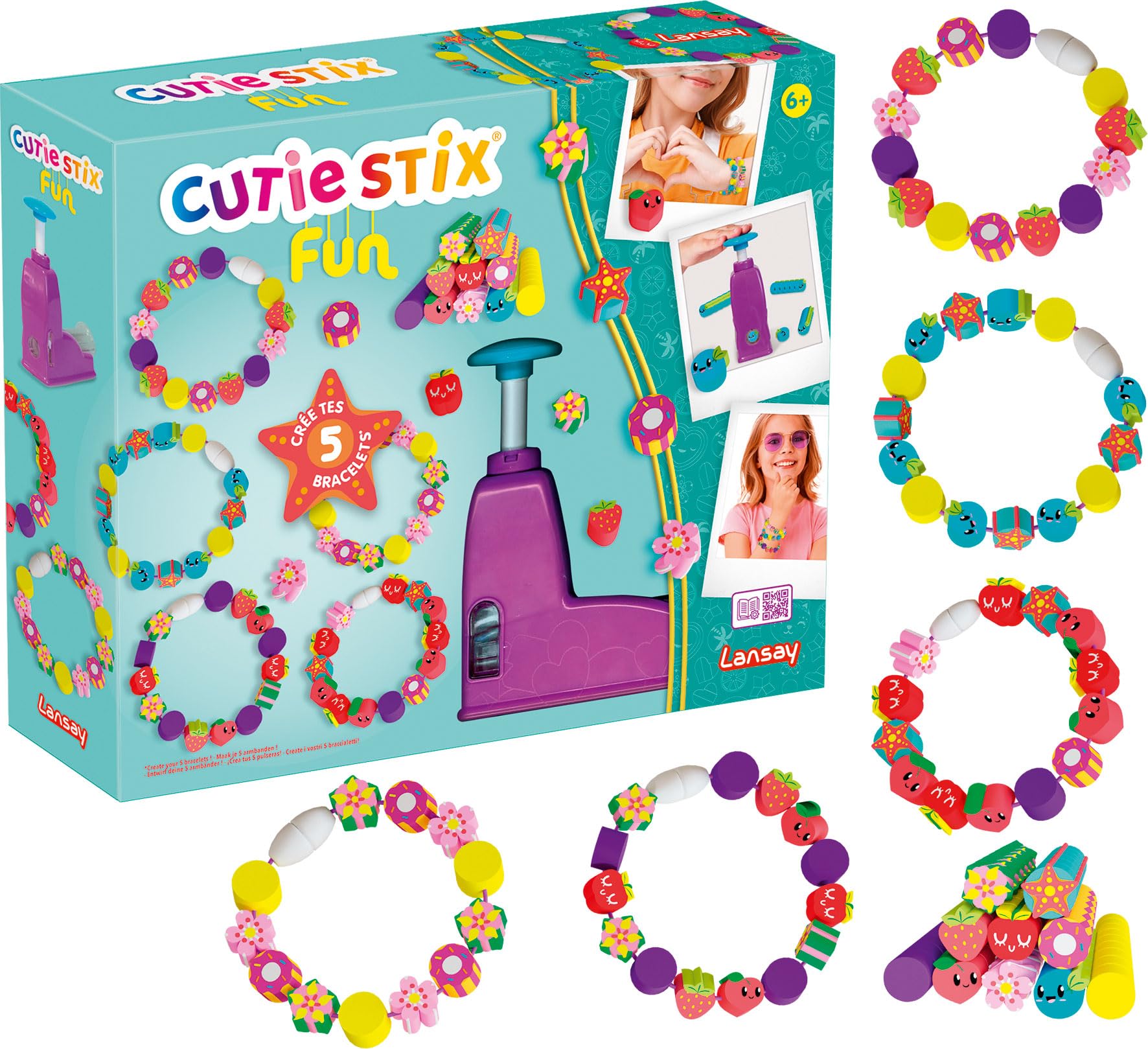 Lansay - Cutie STIX Fun - Kit Création de 5 Bracelets pour Enfants dès 6 Ans - Fabrication Bijoux - Coupe & Crée des Perles Multicolores - Activité Manuelle Loisirs Créatifs -​Idée Cadeau Anniversaire