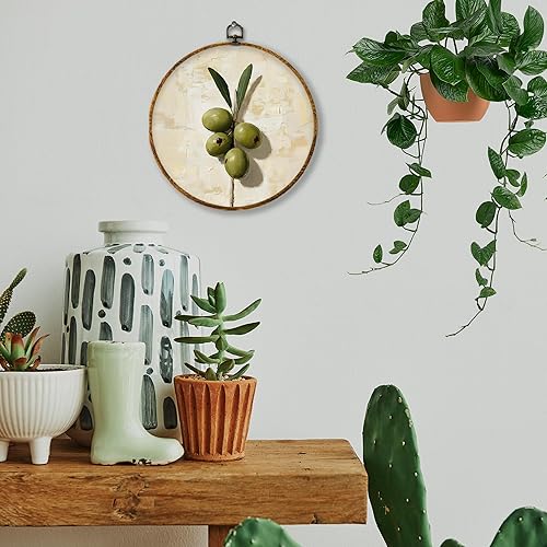 Miniatura 2 de Hiuwevt Decoración de pared redonda de olivo de naturaleza muerta para cocina, impresiones de lienzo con marco botánico de olivo retro, barra de